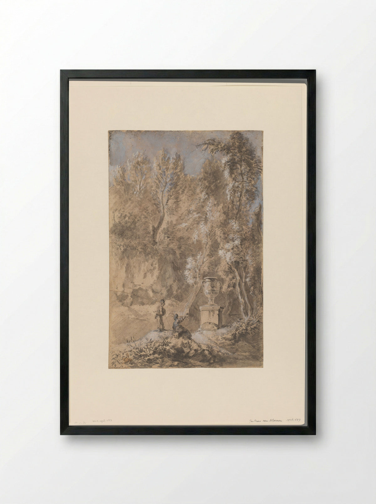 Landscape with Two Figures by a Monumental Vase - Jan Frans van Bloemen - Framed Print Black