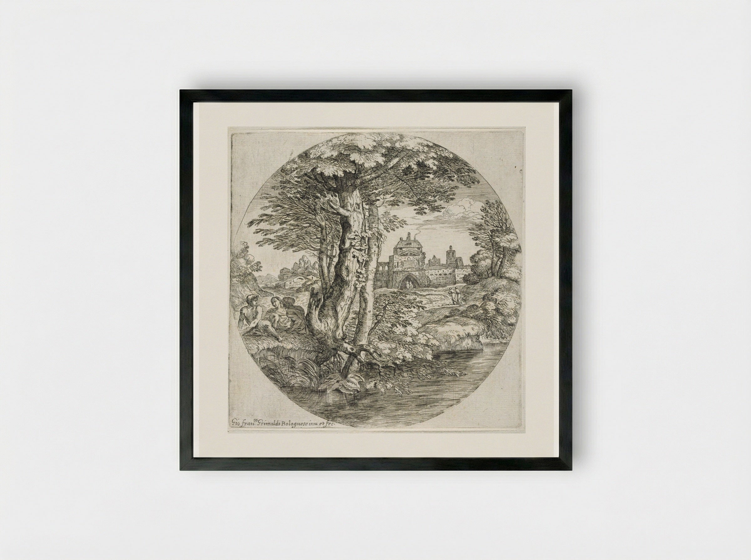 Landscape with Two Horsemen Entering a Small Fort - Giovanni Francesco Grimaldi - Framed Print Black