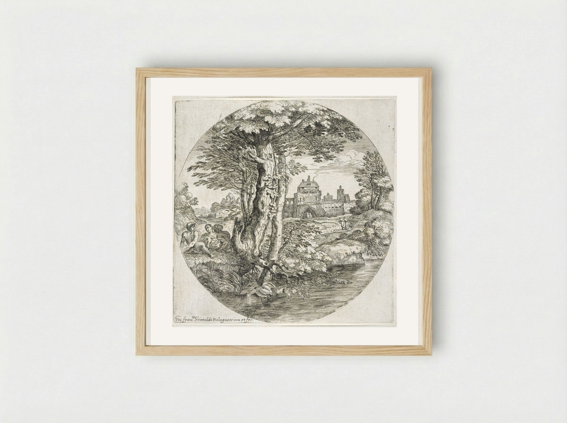 Landscape with Two Horsemen Entering a Small Fort - Giovanni Francesco Grimaldi - Framed Print Wood