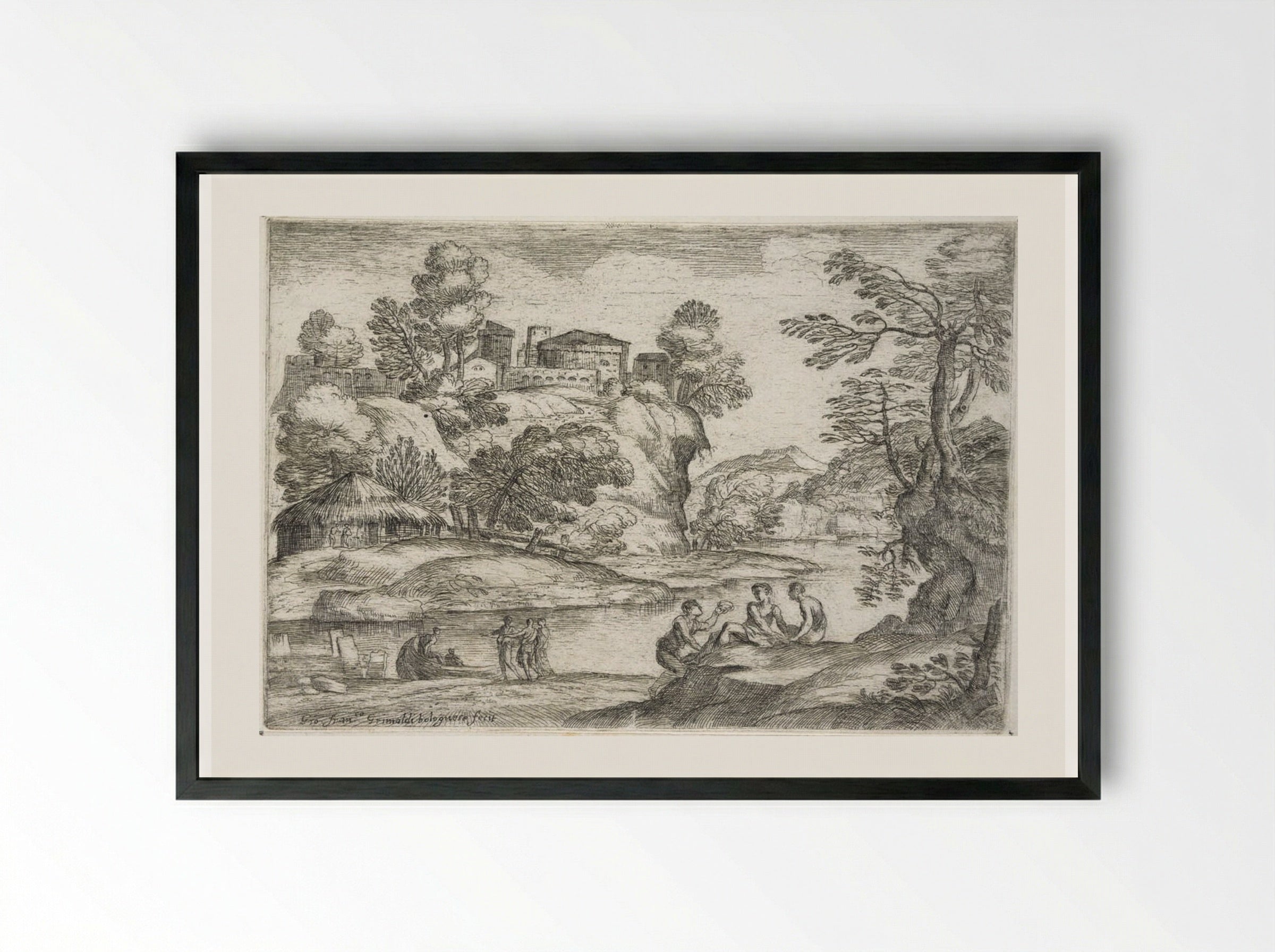 Landscape with Two Men Seated on a Hillock - Giovanni Francesco Grimaldi - Framed Print Black