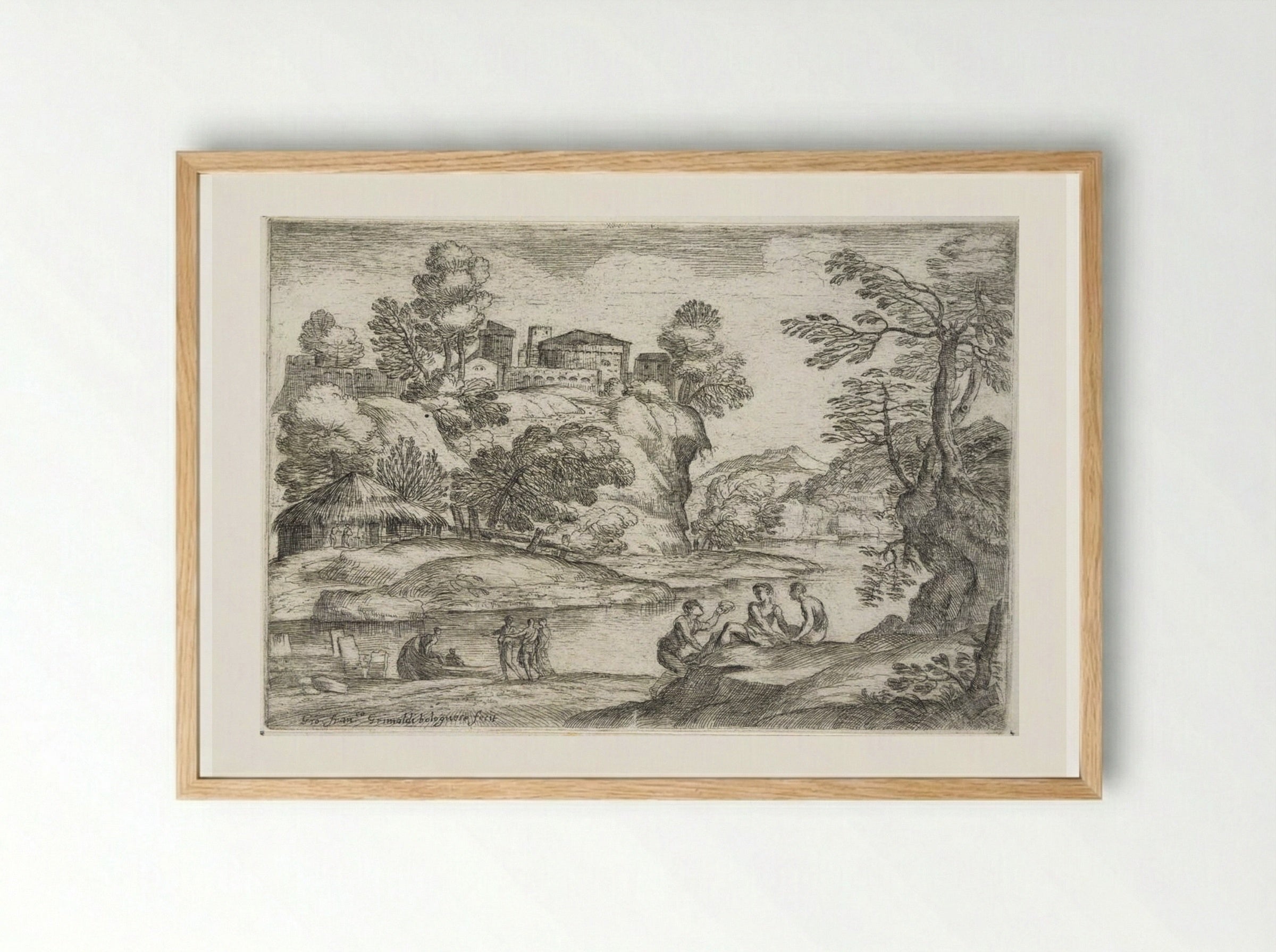Landscape with Two Men Seated on a Hillock - Giovanni Francesco Grimaldi - Framed Print Wood