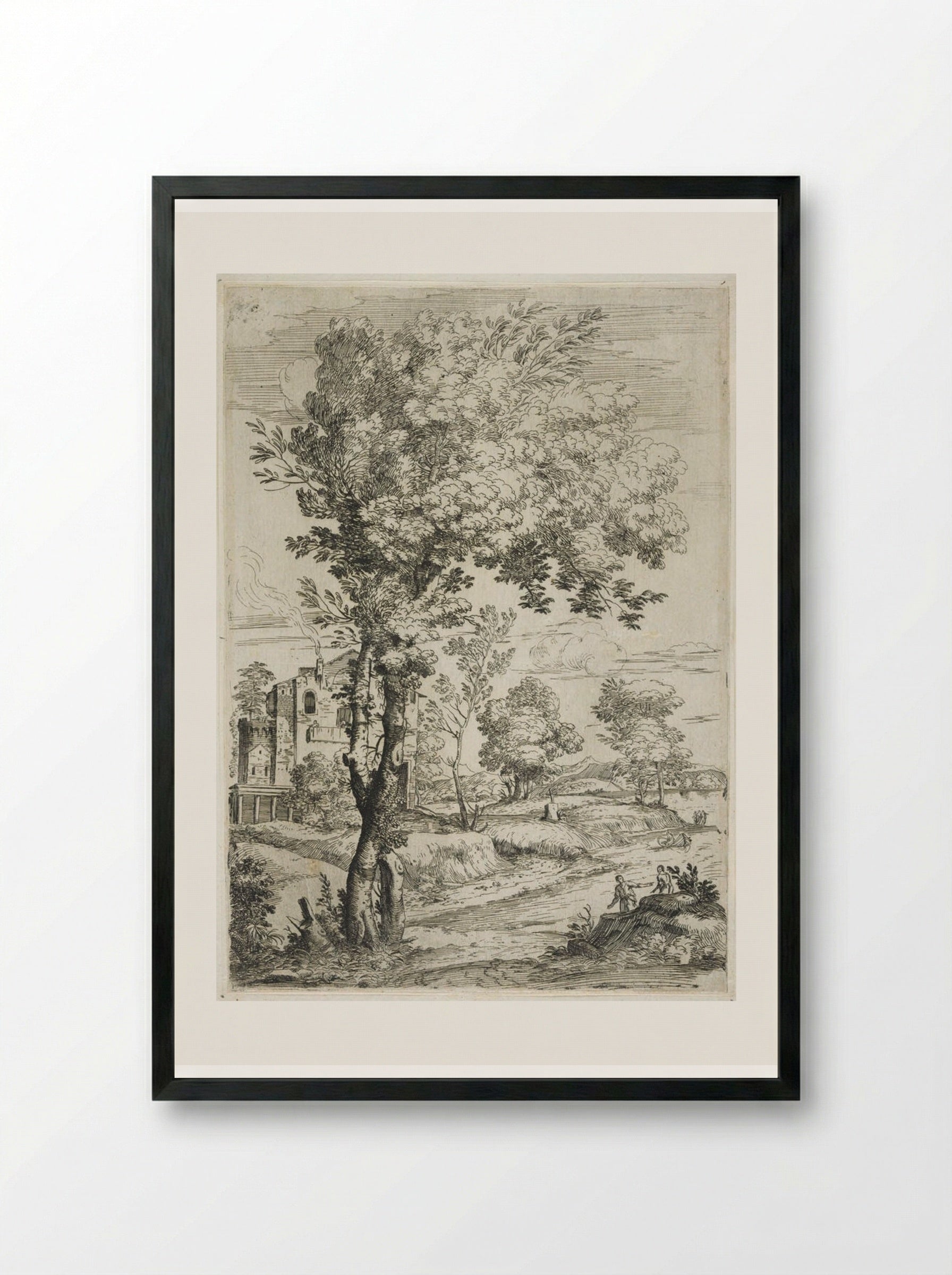 Landscape with Two Men on a Hillock - Giovanni Francesco Grimaldi - Framed Print Black