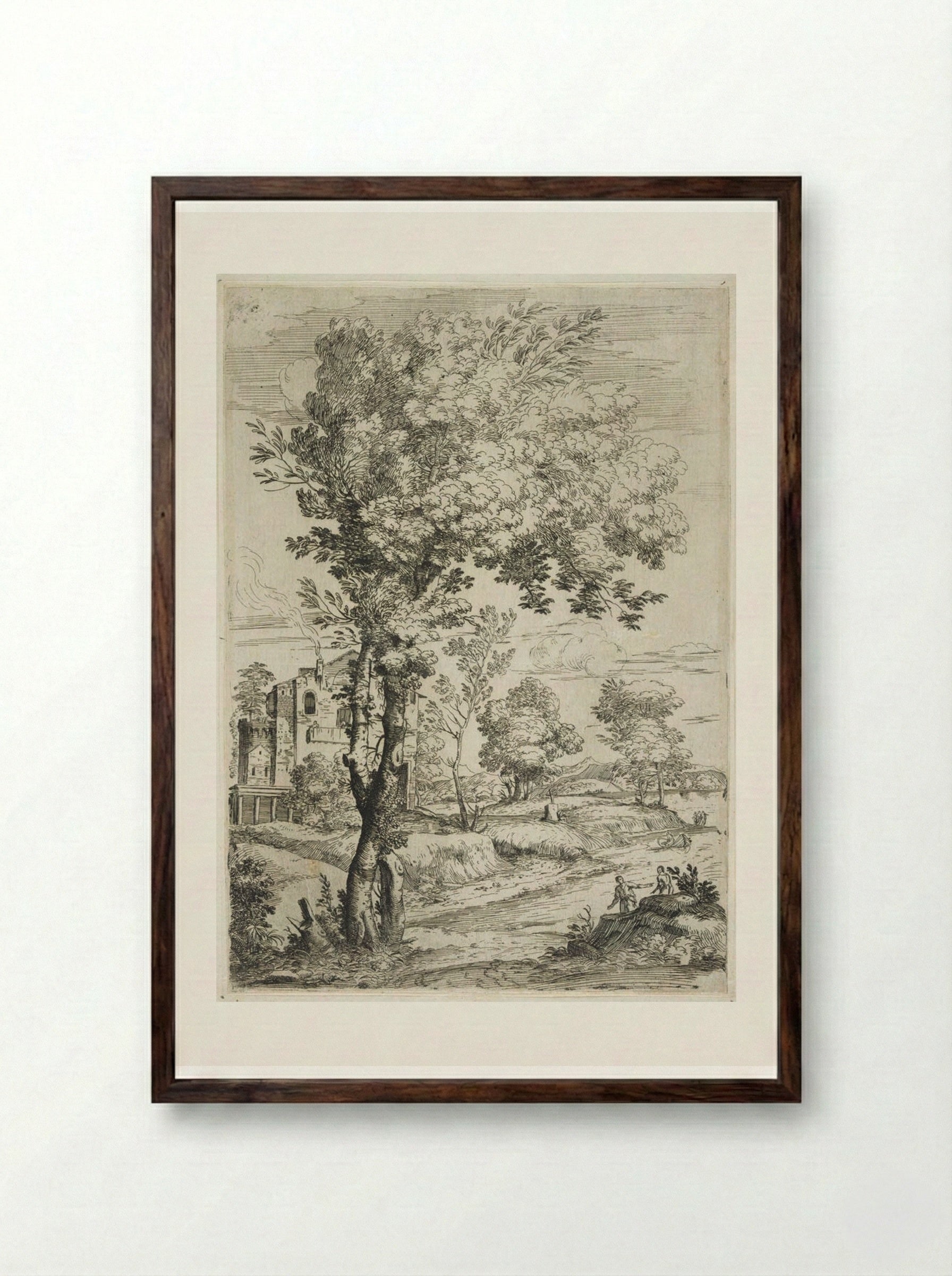 Landscape with Two Men on a Hillock - Giovanni Francesco Grimaldi - Framed Print Dark Wood