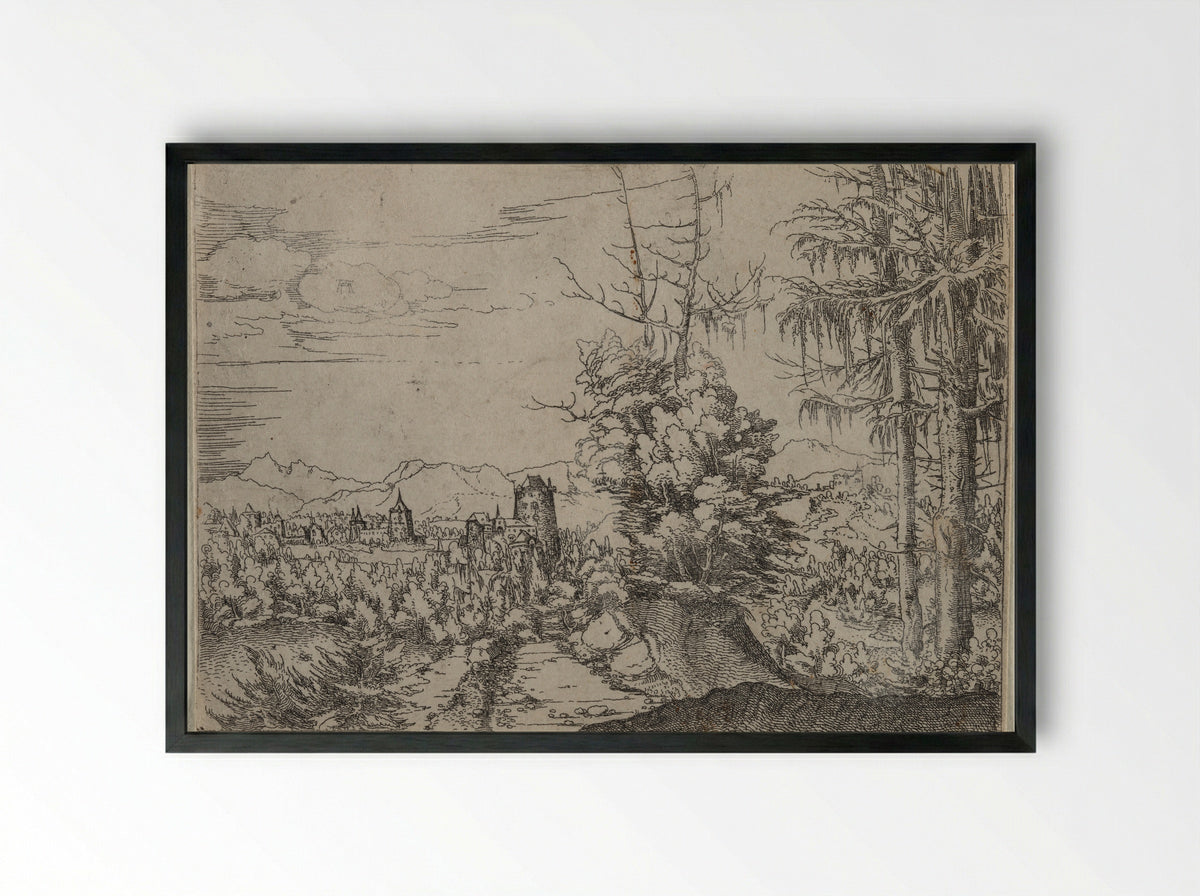 Landscape with Two Pines - Albrecht Altdorfer - Framed Print Black
