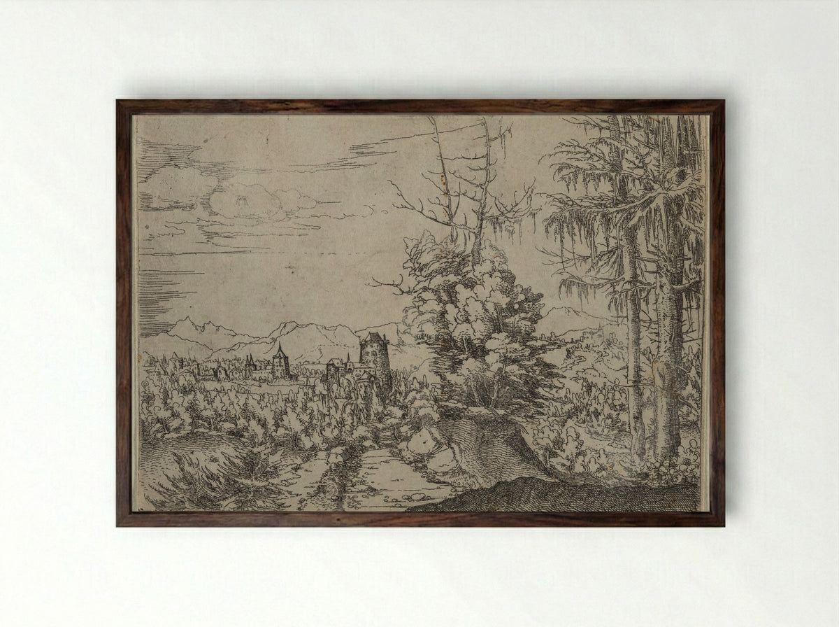 Landscape with Two Pines - Albrecht Altdorfer - Framed Print Dark Wood