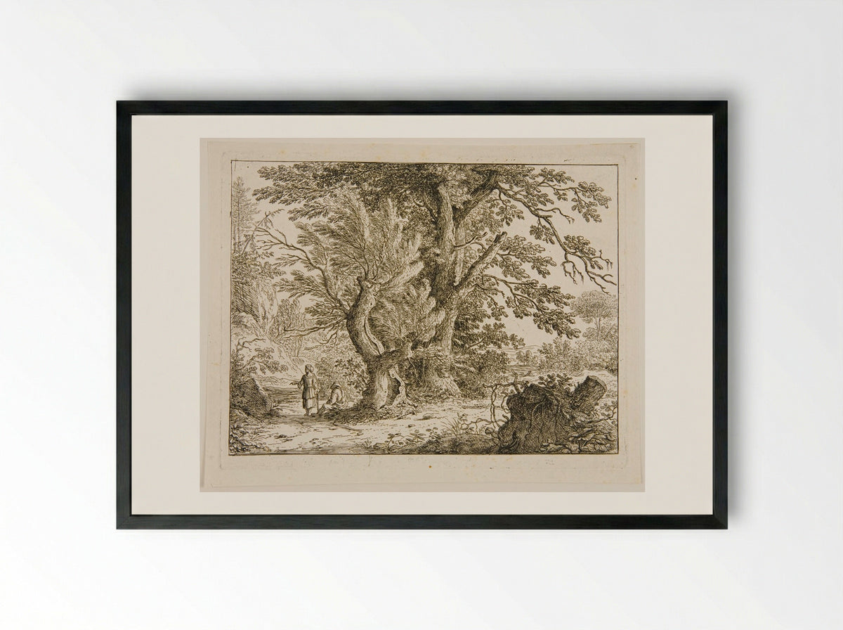 Landscape with Two Women, One Standing and One Sitting under the Trees - Felix Meyer - Framed Print Black