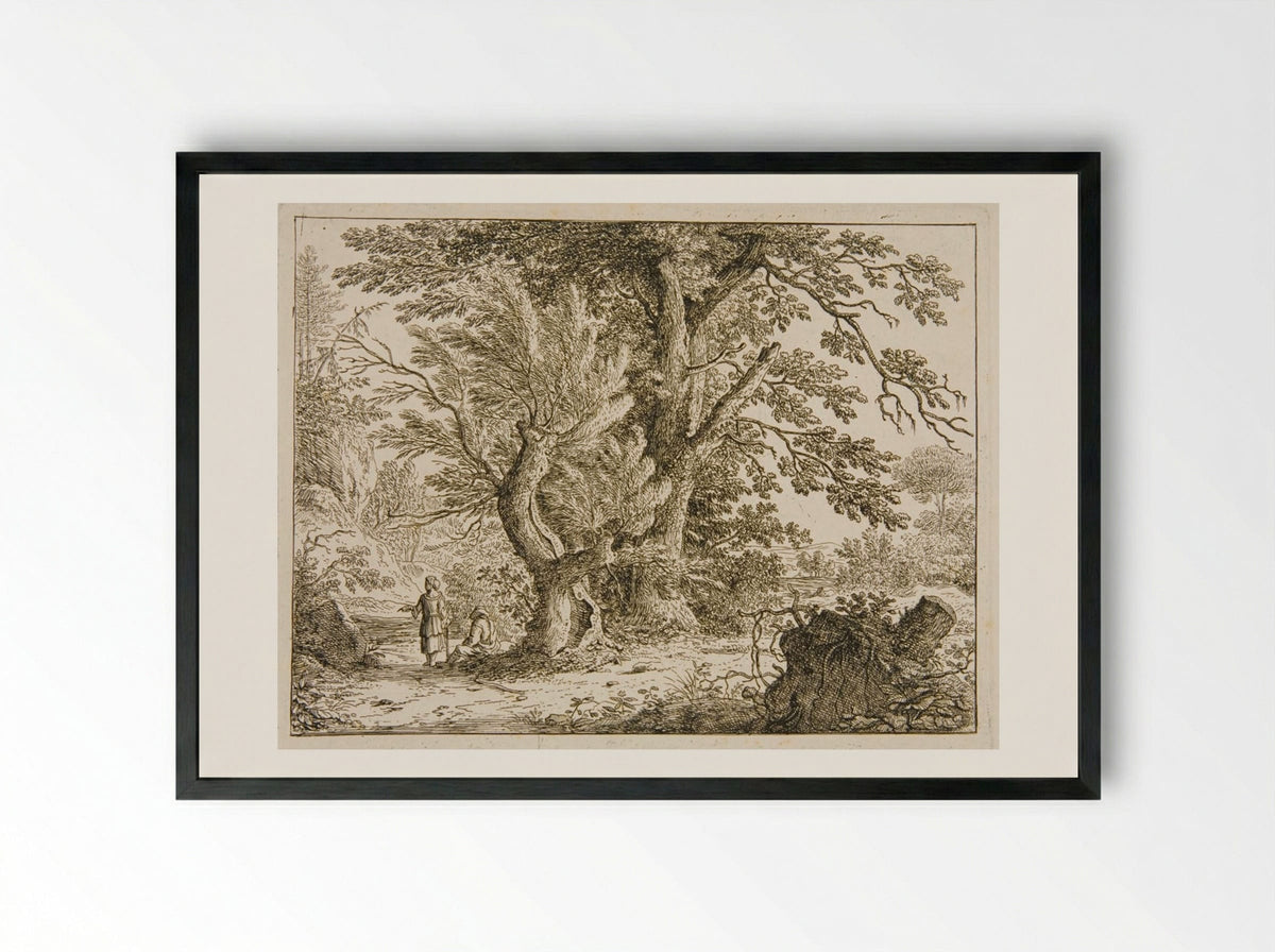 Landscape with Two Women, One Standing and One Sitting under the Trees - Felix Meyer - Framed Print Black