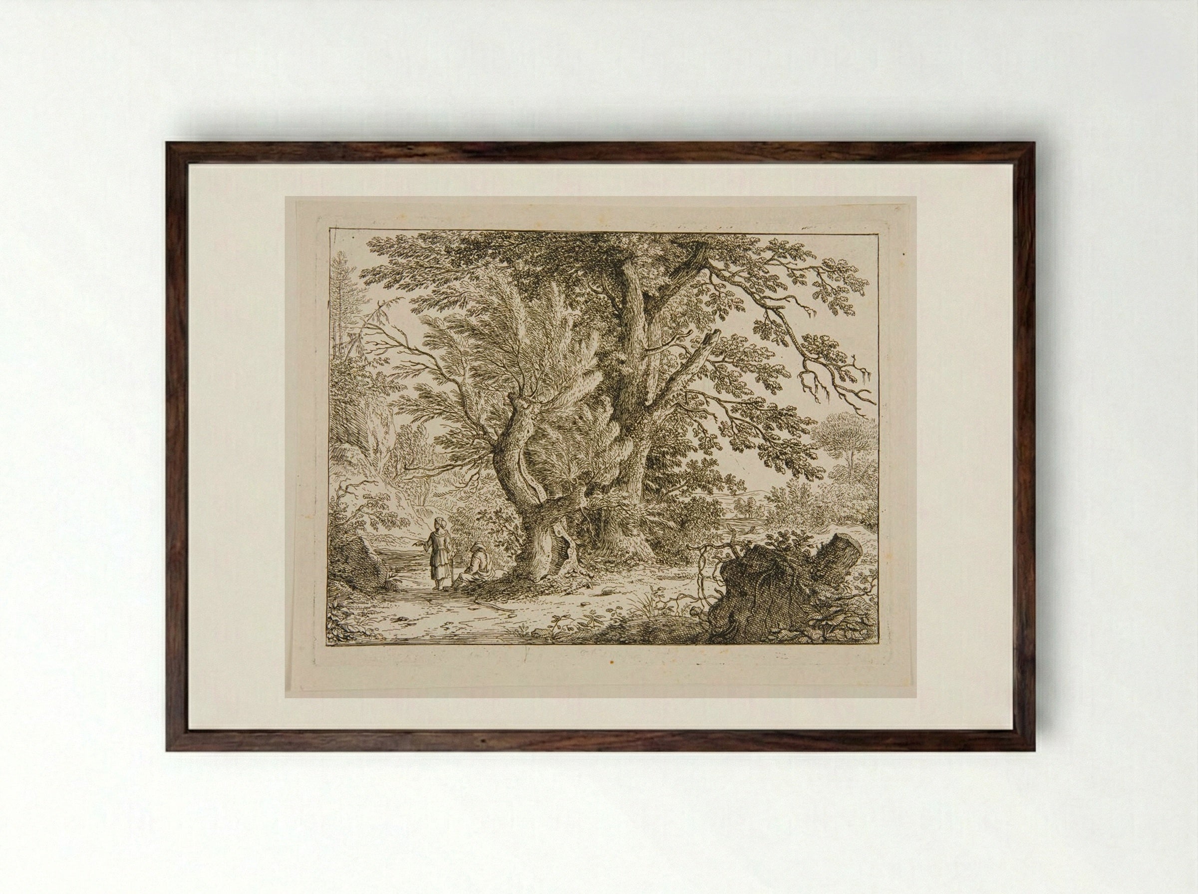Landscape with Two Women, One Standing and One Sitting under the Trees - Felix Meyer - Framed Print Dark Wood