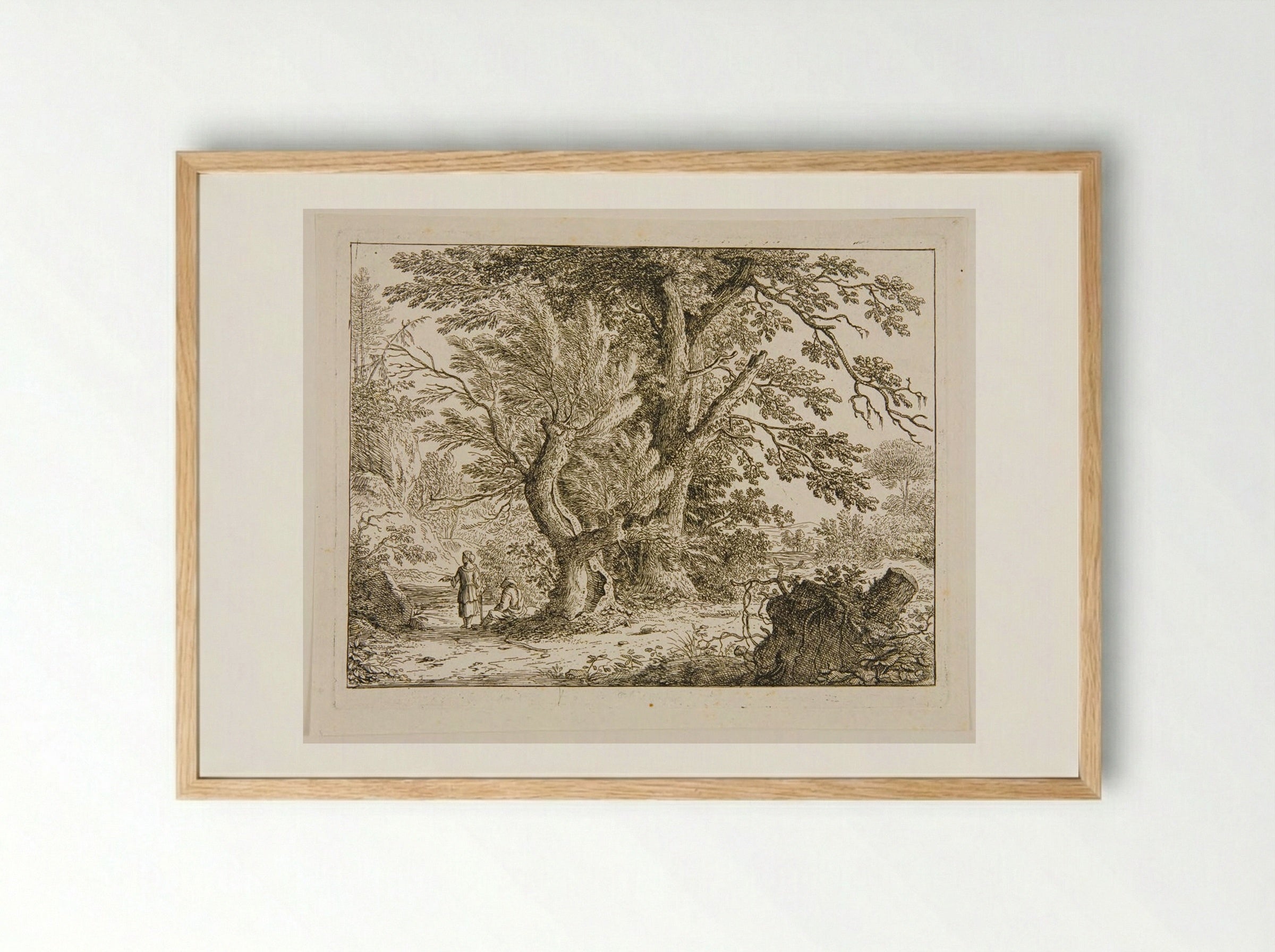 Landscape with Two Women, One Standing and One Sitting under the Trees - Felix Meyer - Framed Print Wood