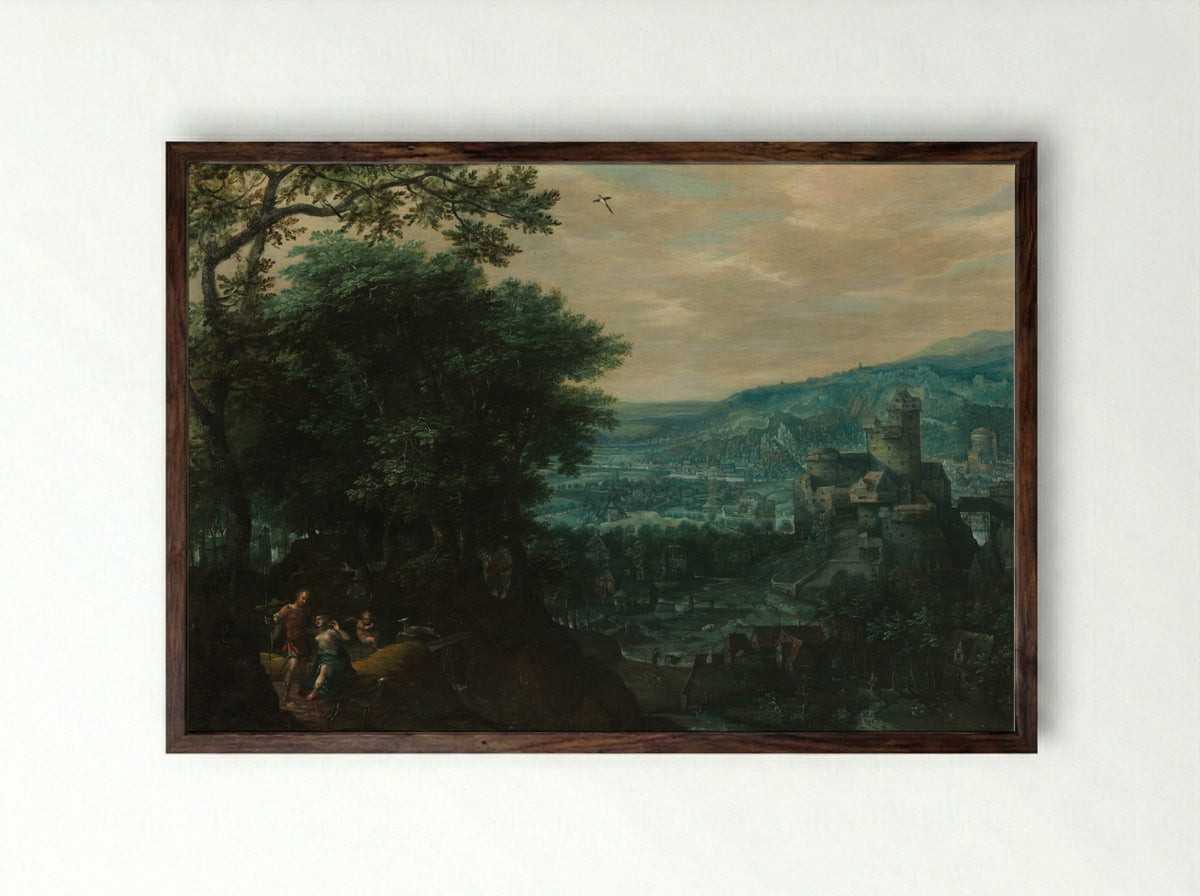 Landscape with Venus and Adonis - Gillis van Coninxloo - Framed Print Dark Wood