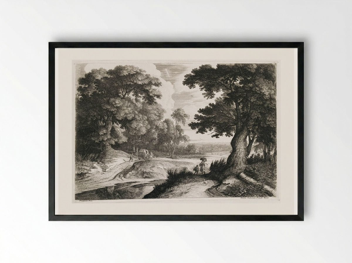 Landscape with Wagon and Travellers - Jean Morin - Framed Print Black