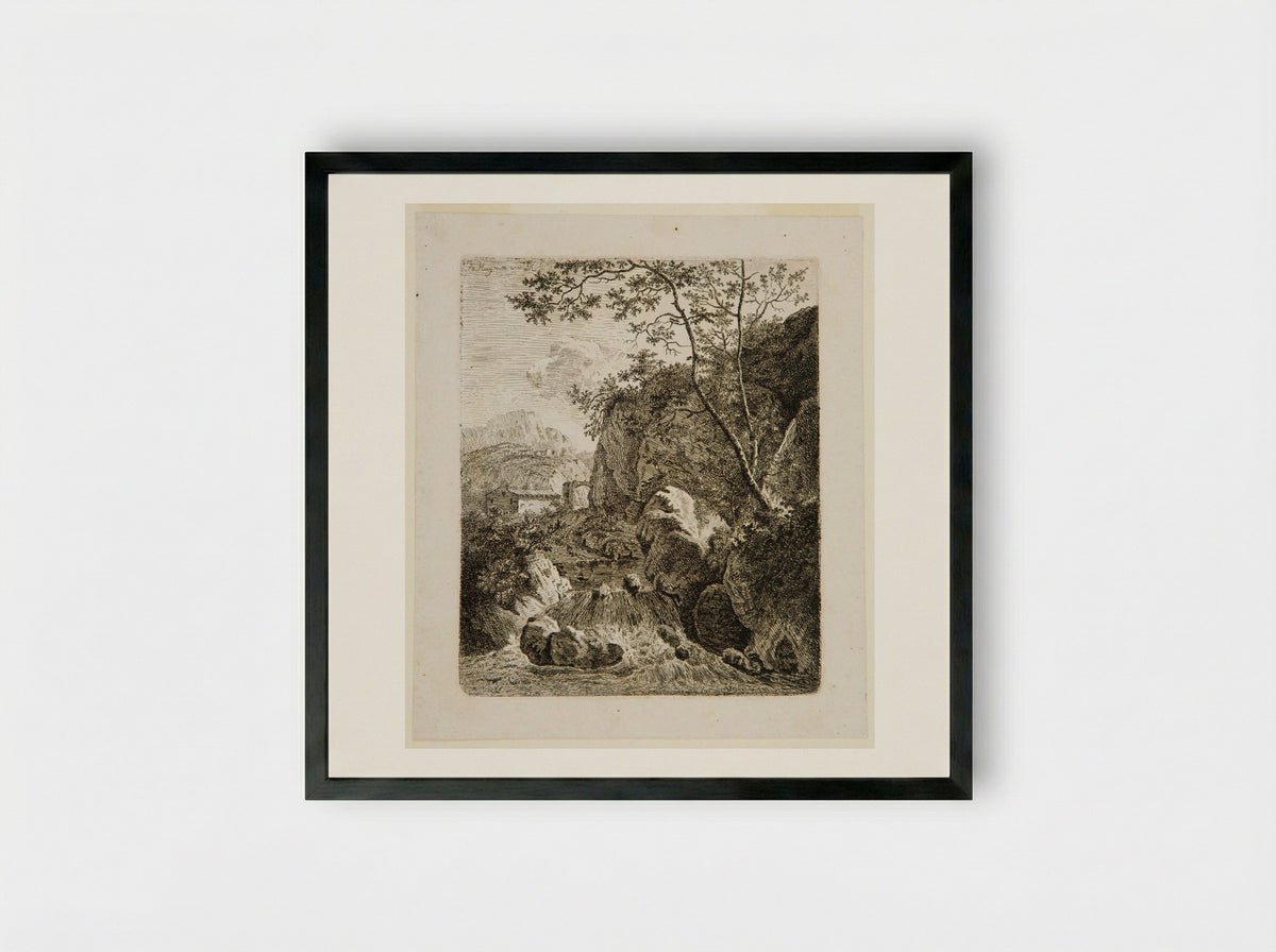 Landscape with Waterfall - Ferdinand Kobell - Framed Print Black