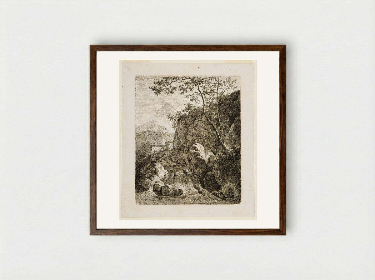 Landscape with Waterfall - Ferdinand Kobell - Framed Print Dark Wood