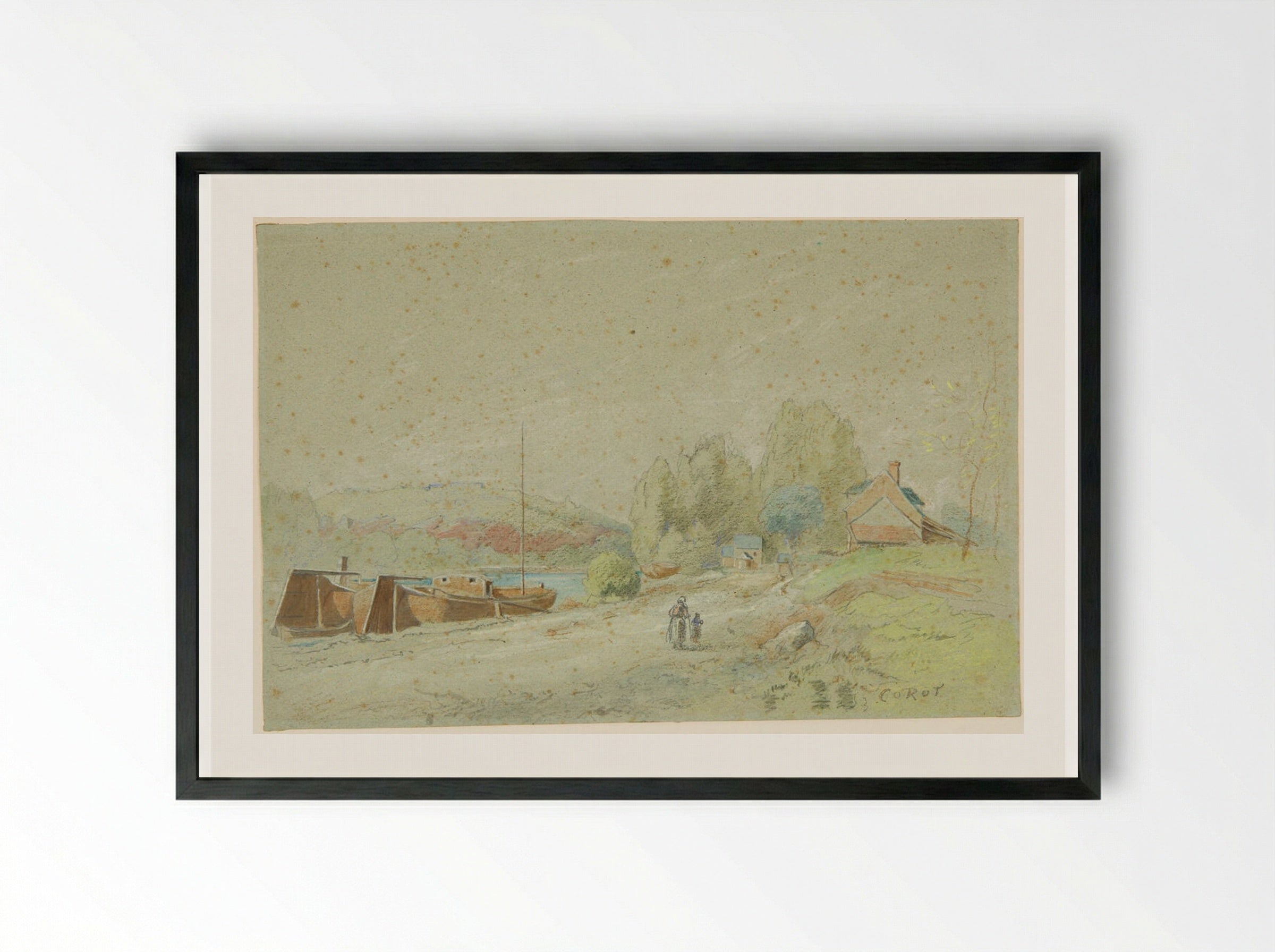 Landscape with Woman and Child - Jean-Baptiste-Camille Corot - Framed Print Black