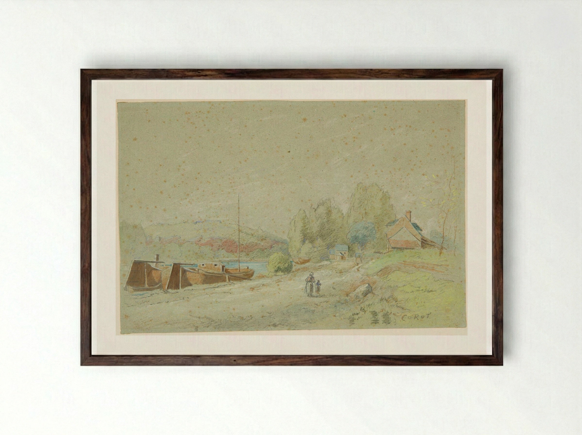 Landscape with Woman and Child - Jean-Baptiste-Camille Corot - Framed Print Dark Wood