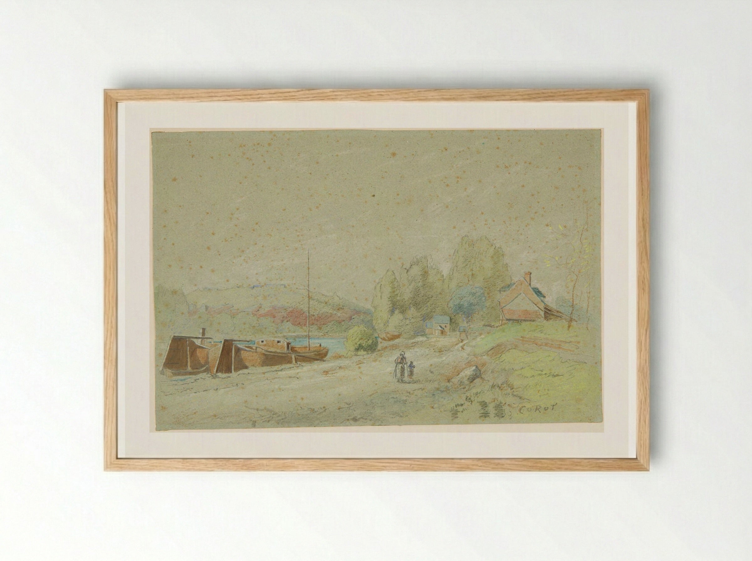 Landscape with Woman and Child - Jean-Baptiste-Camille Corot - Framed Print Wood