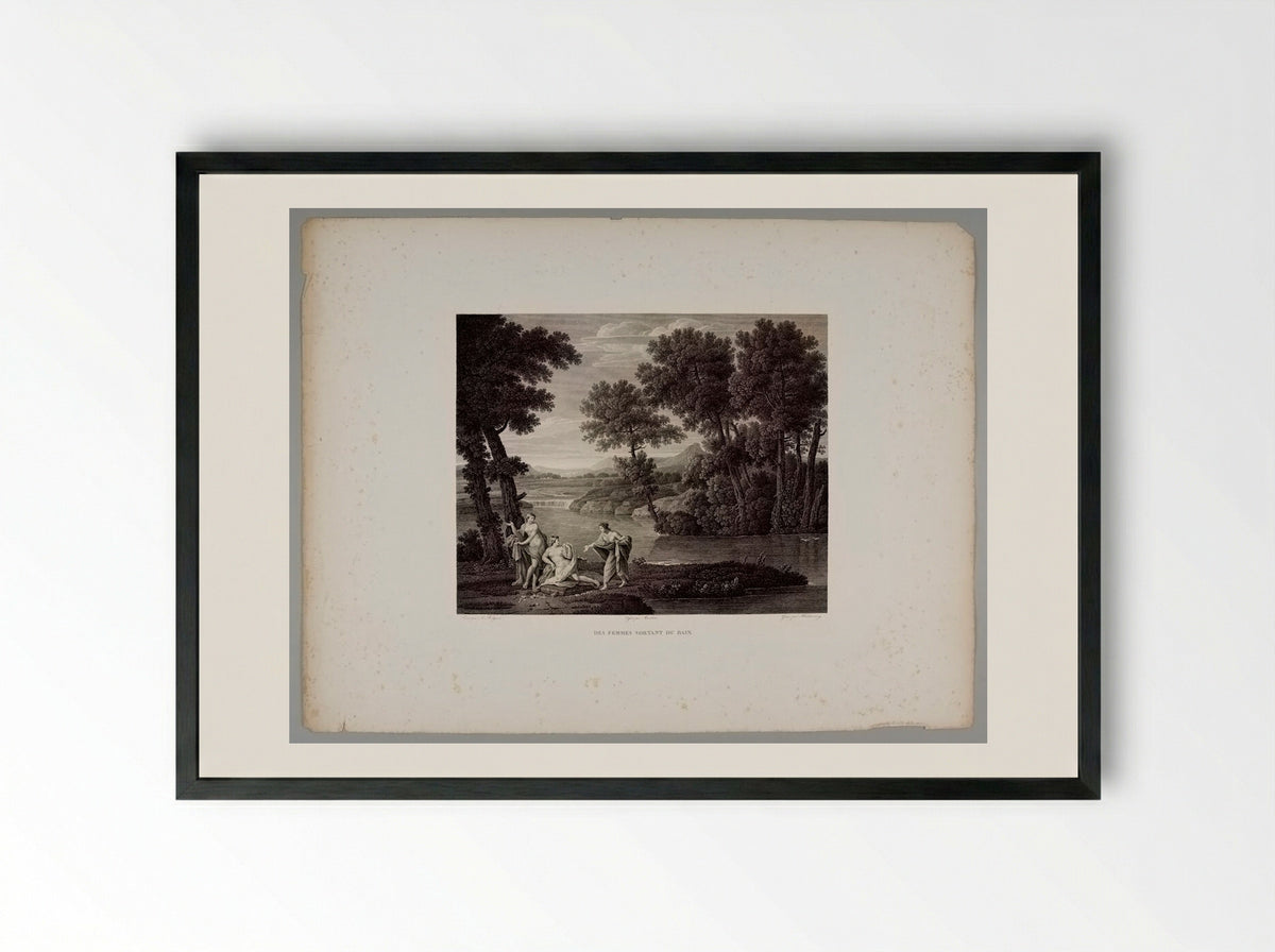 Landscape with Women Leaving Their Bath - Christian Haldenwang - Framed Print Black