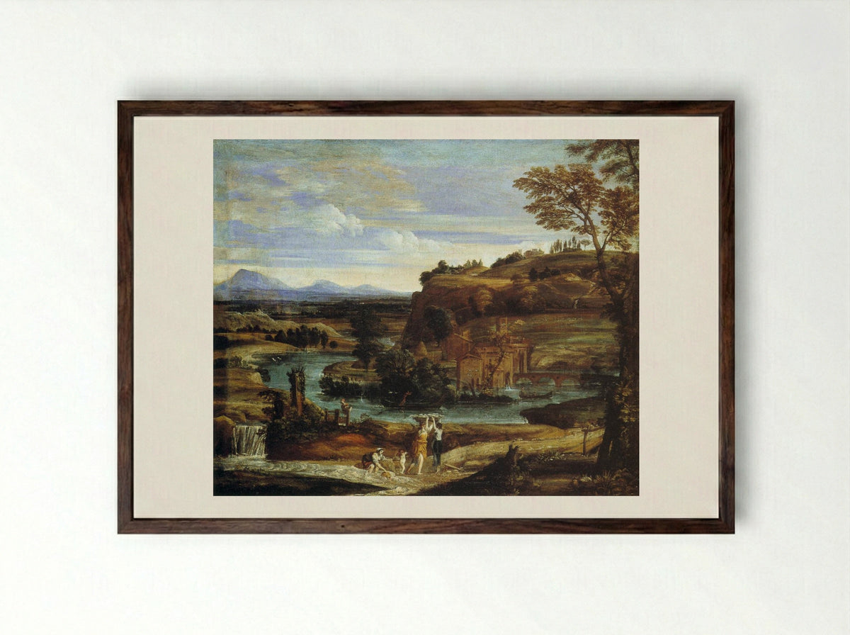 Landscape with a Child Overturning Wine - Domenichino - Framed Print Dark Wood