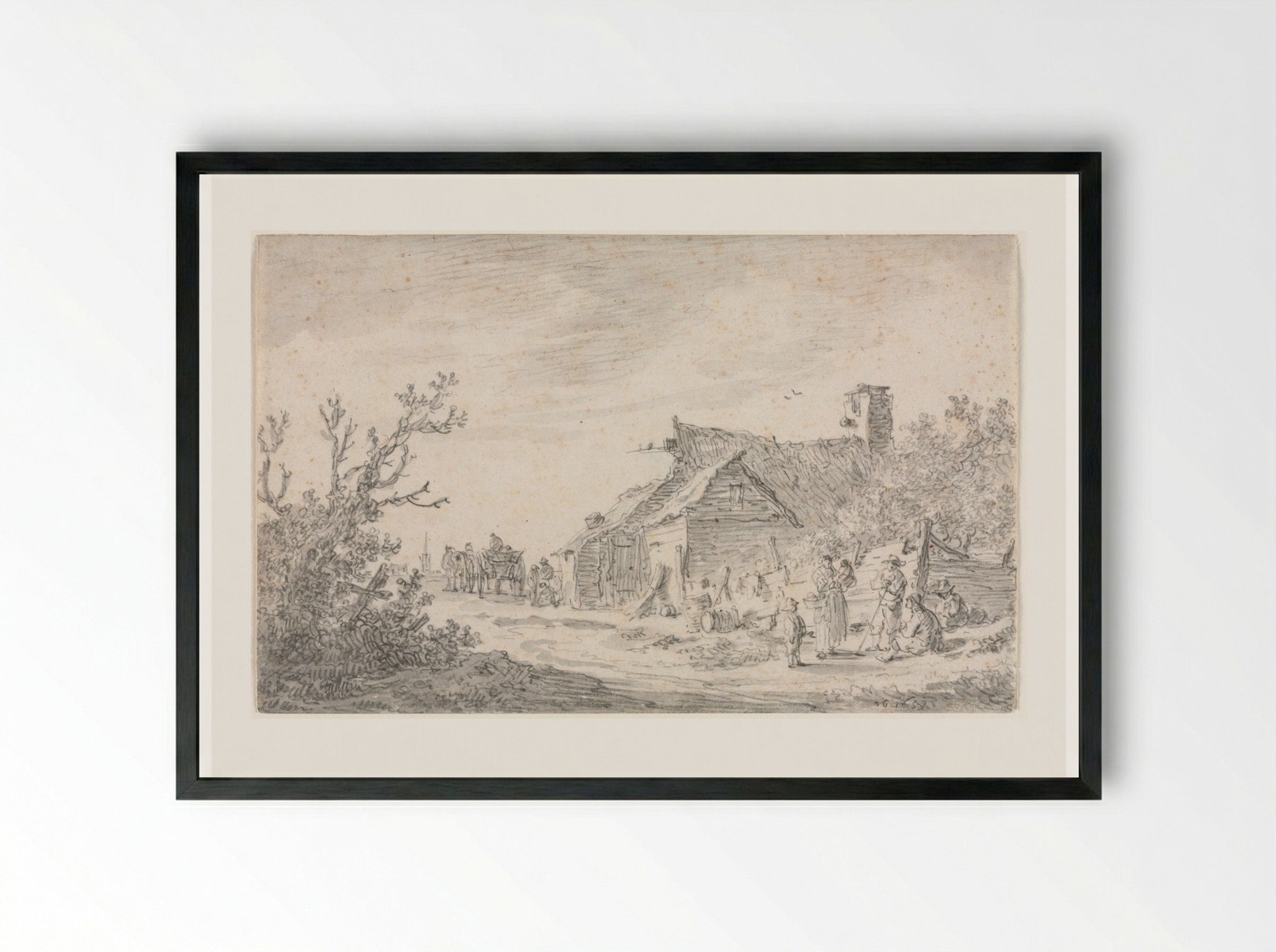 Landscape with a Cottage and Figures - Jan van Goyen - Framed Print Black