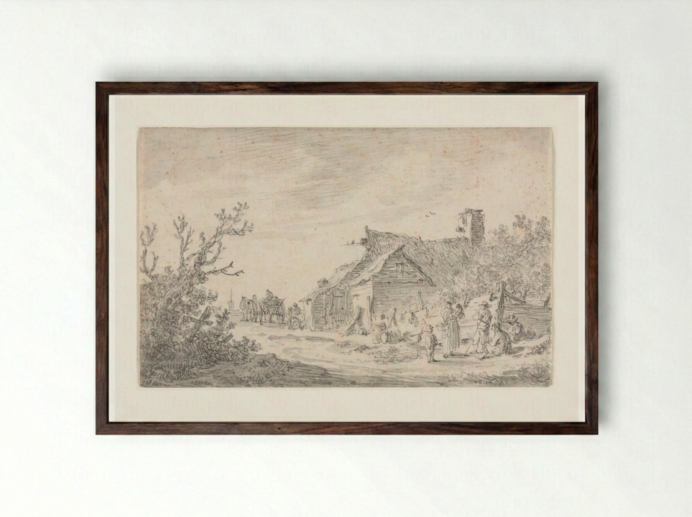 Landscape with a Cottage and Figures - Jan van Goyen - Framed Print Dark Wood