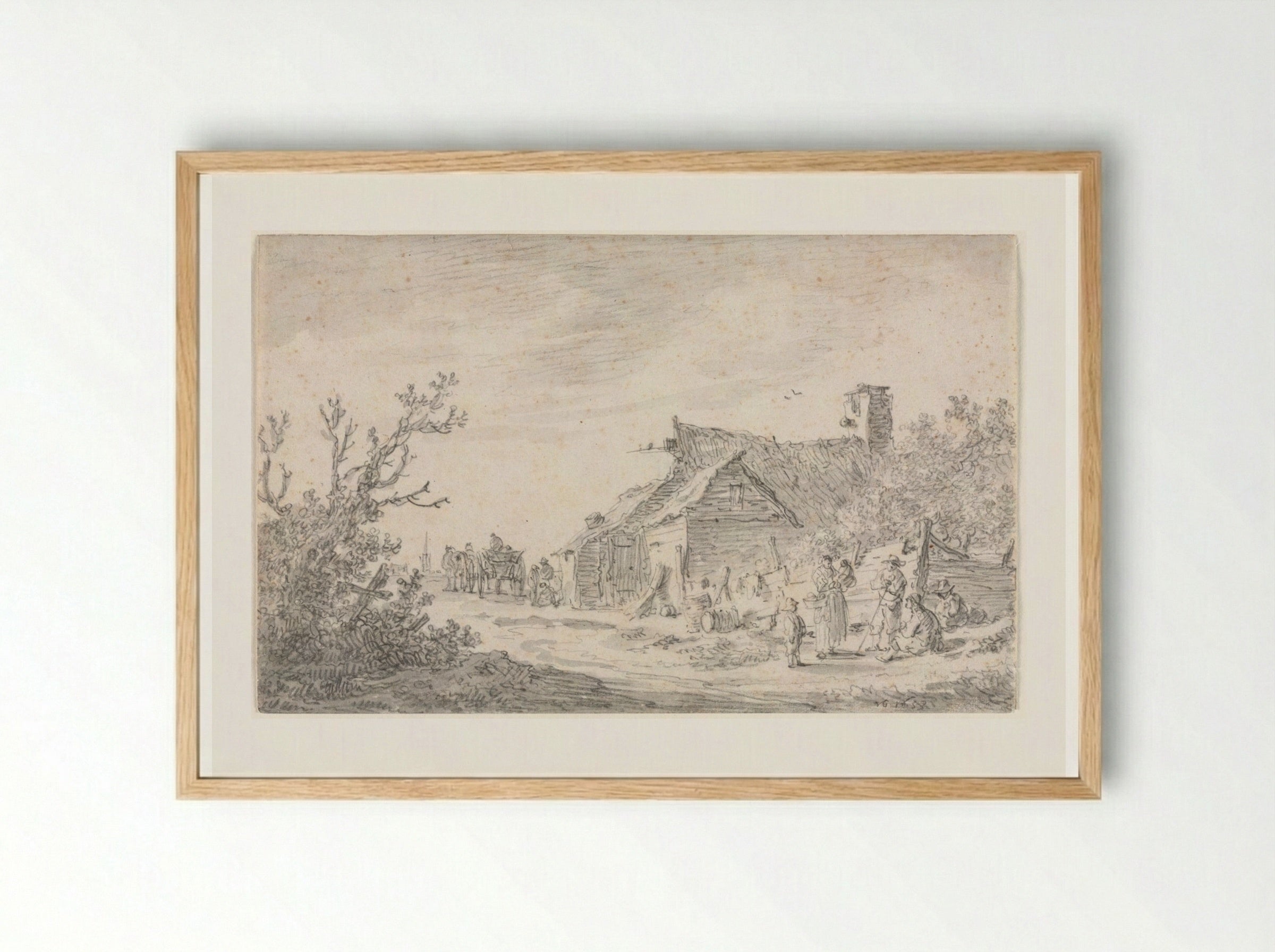 Landscape with a Cottage and Figures - Jan van Goyen - Framed Print Wood