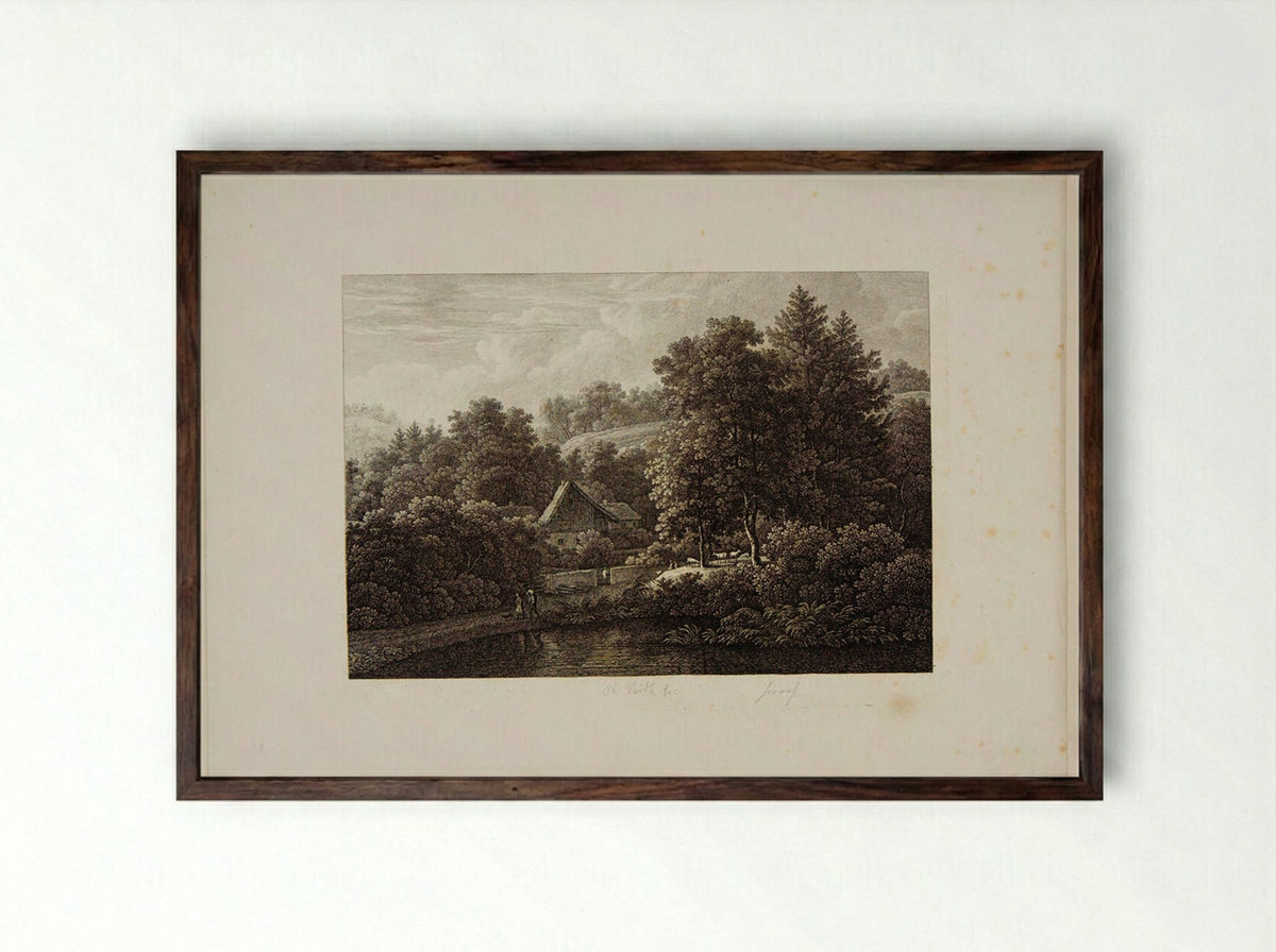 Landscape with a Cottage - Johann Philipp Veith - Framed Print Dark Wood