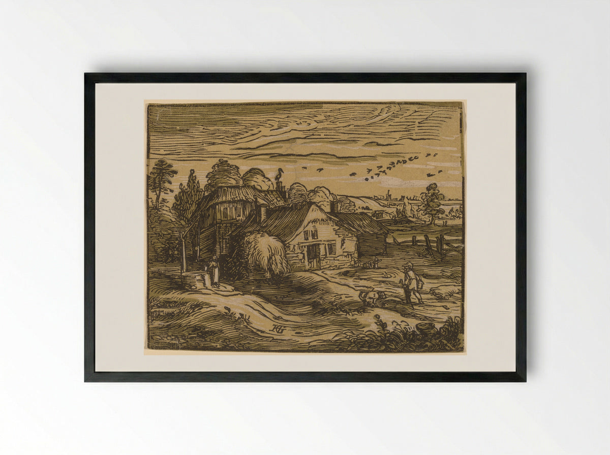 Landscape with a Farmhouse - Hendrick Goltzius - Framed Print Black