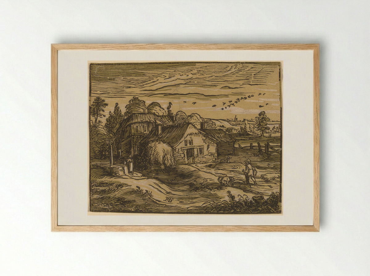 Landscape with a Farmhouse - Hendrick Goltzius - Framed Print Wood