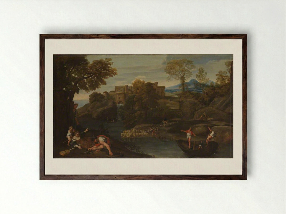 Landscape with a Fortified Town - Domenichino - Framed Print Dark Wood