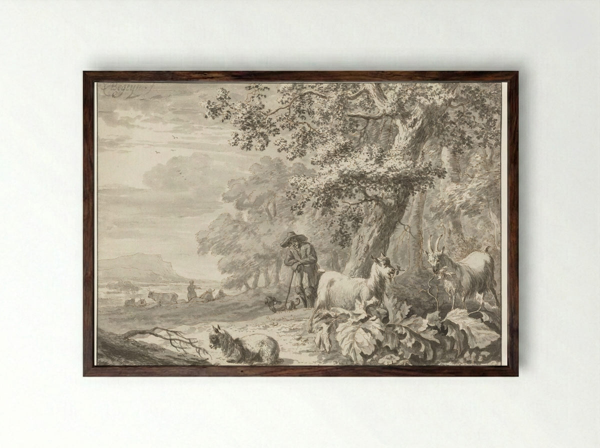 Landscape with a Goatherd and his Flock - Abraham Jansz Begeyn - Framed Print Dark Wood