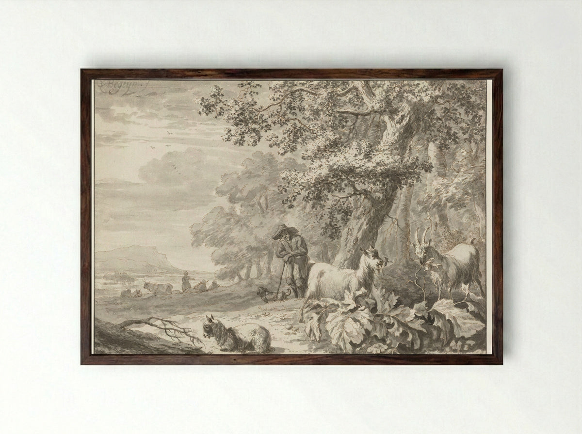 Landscape with a Goatherd and his Flock - Abraham Jansz Begeyn - Framed Print Dark Wood
