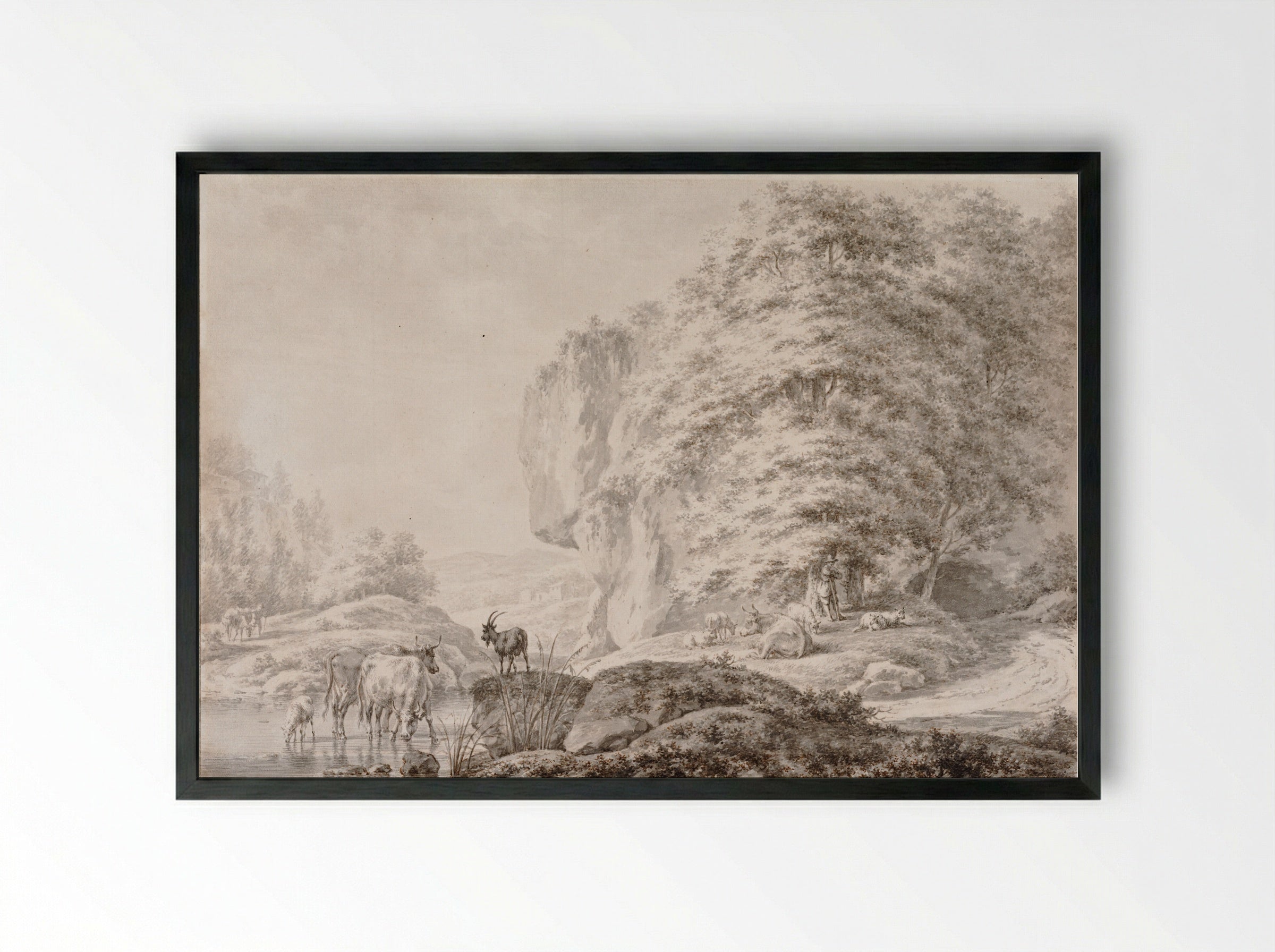 Landscape with a Herdsman and his Animals by a Stream - Jacob Cats - Framed Print Black