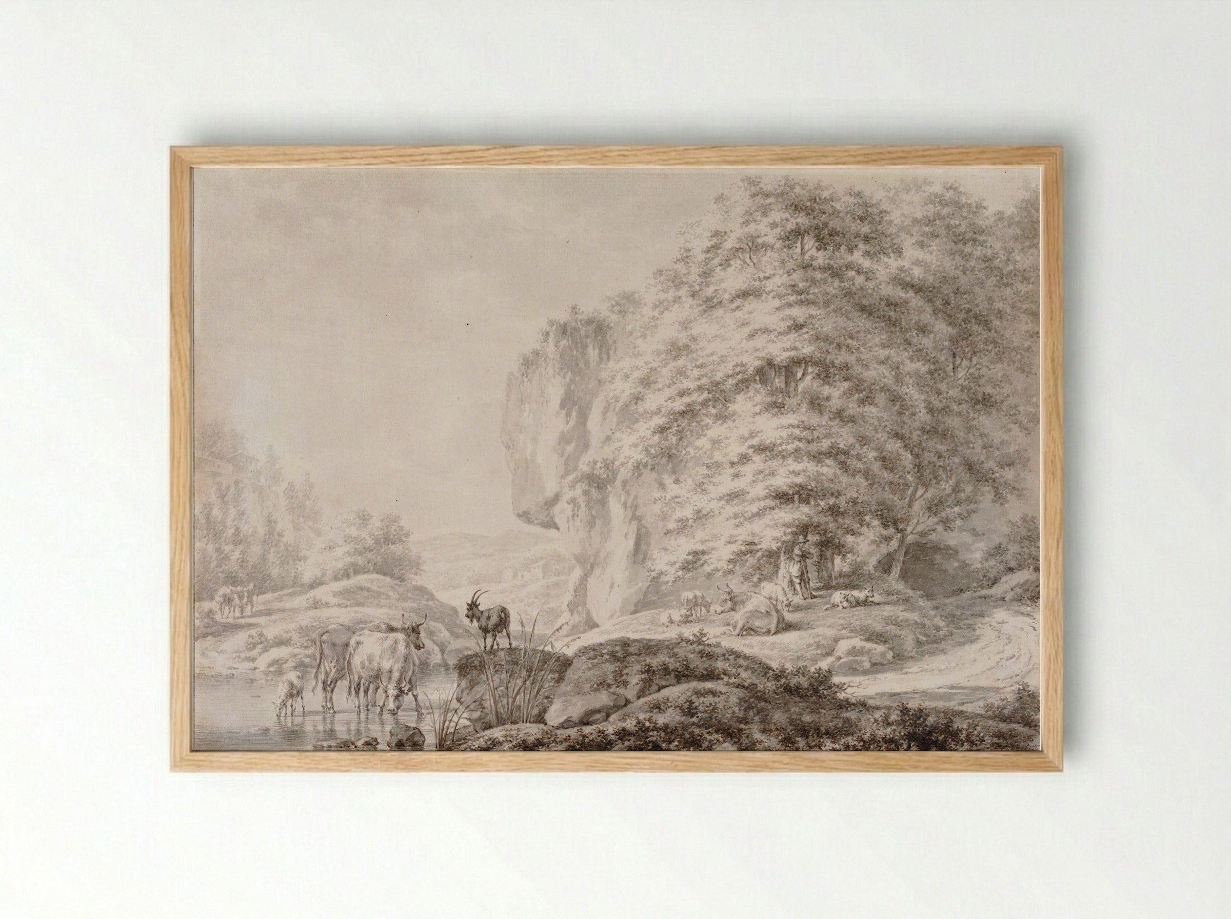 Landscape with a Herdsman and his Animals by a Stream - Jacob Cats - Framed Print Wood