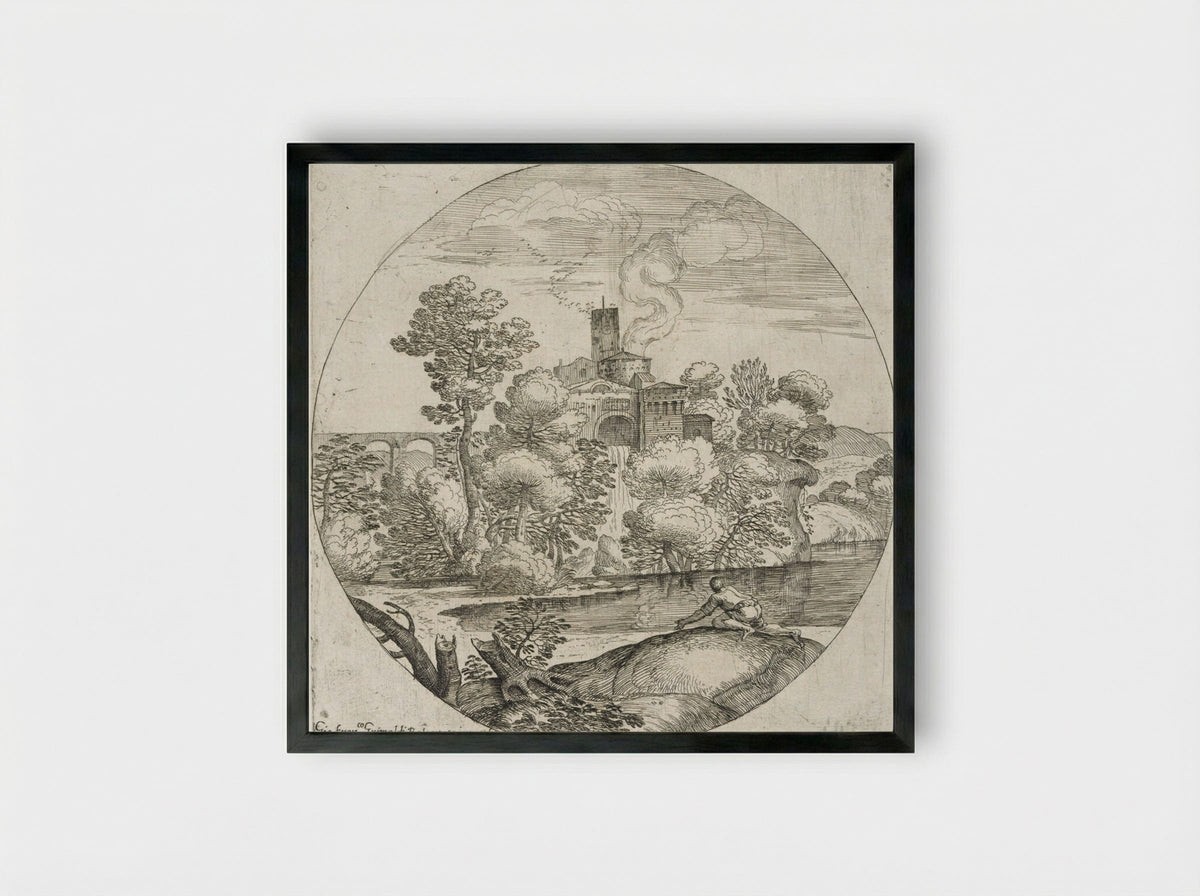 Landscape with a Man Crawling - Giovanni Francesco Grimaldi - Framed Print Black