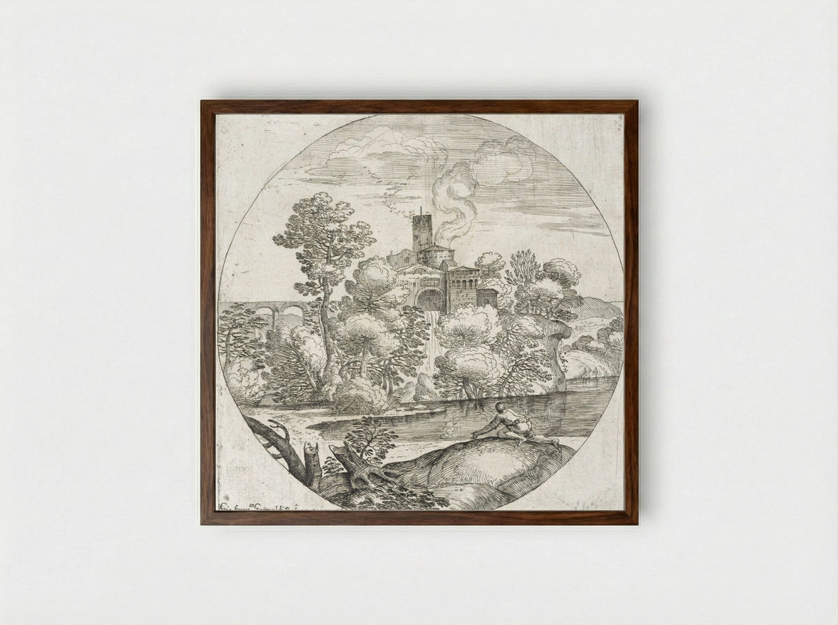 Landscape with a Man Crawling - Giovanni Francesco Grimaldi - Framed Print Dark Wood