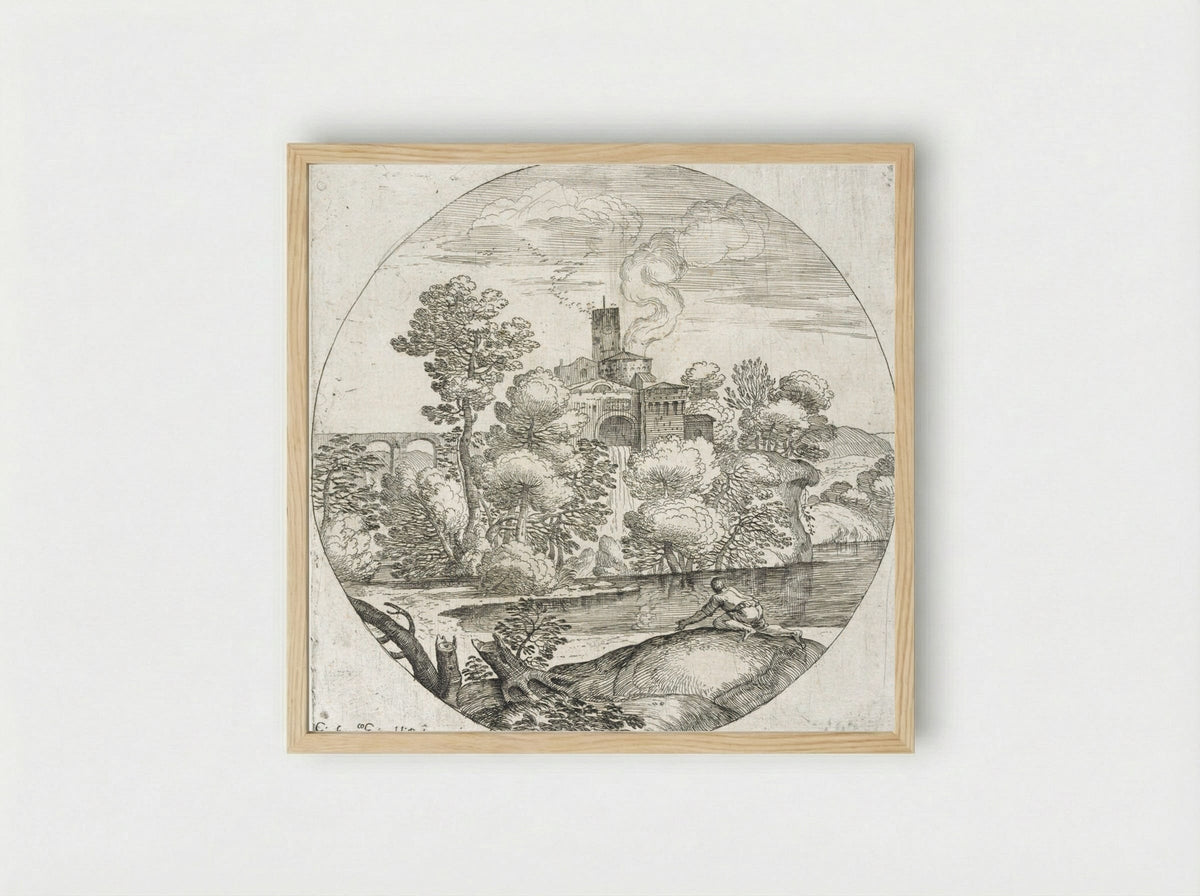 Landscape with a Man Crawling - Giovanni Francesco Grimaldi - Framed Print Wood