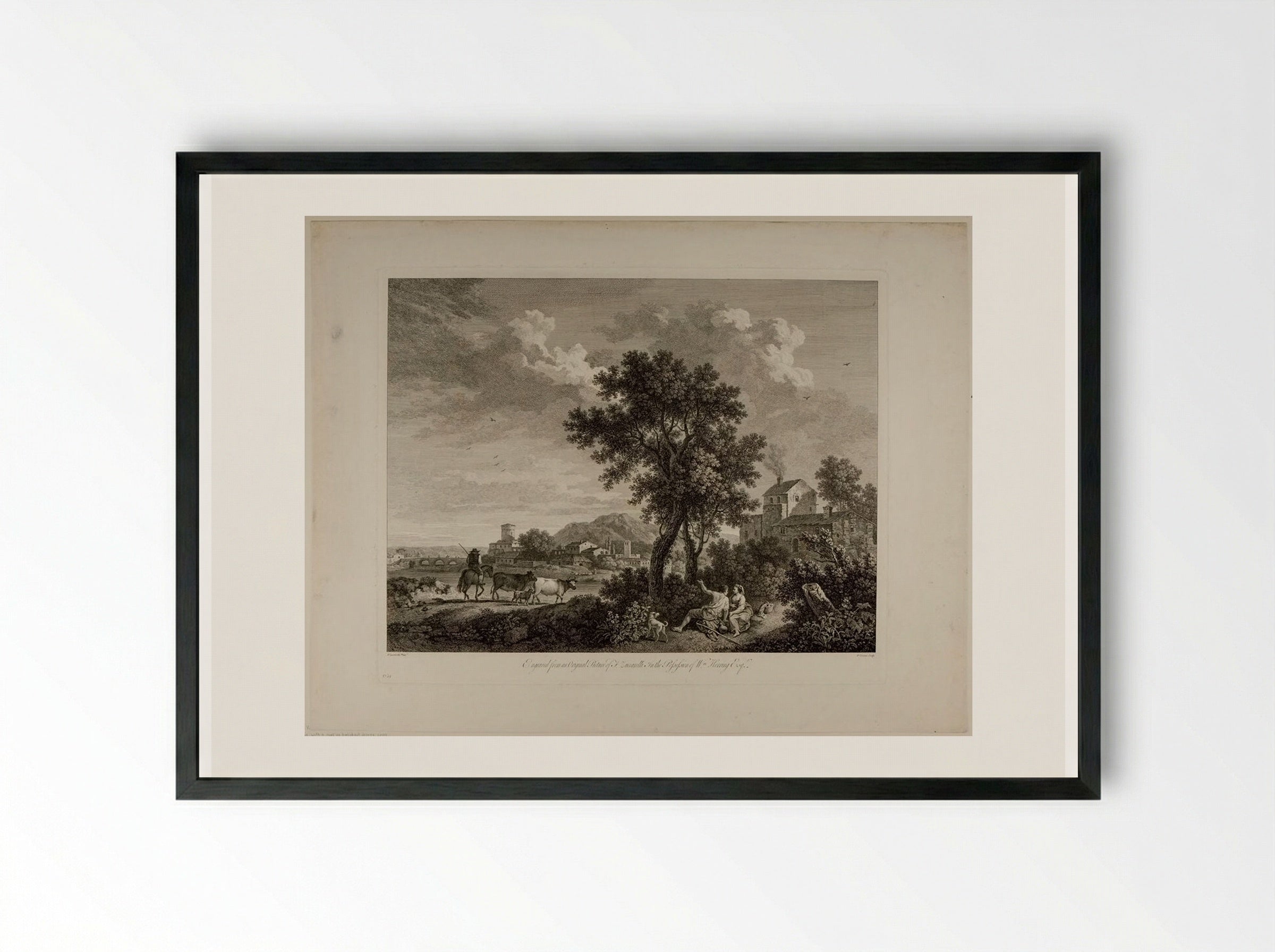 Landscape, with a Man on Horseback, Driving Cows - François Vivares - Framed Print Black