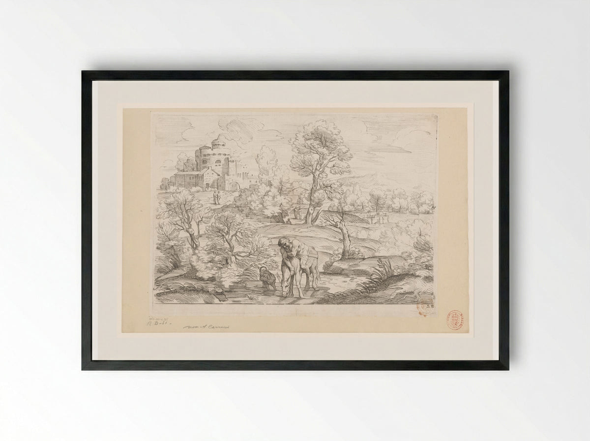 Landscape with a Man on a Drinking Donkey - Annibale Carracci - Framed Print Black