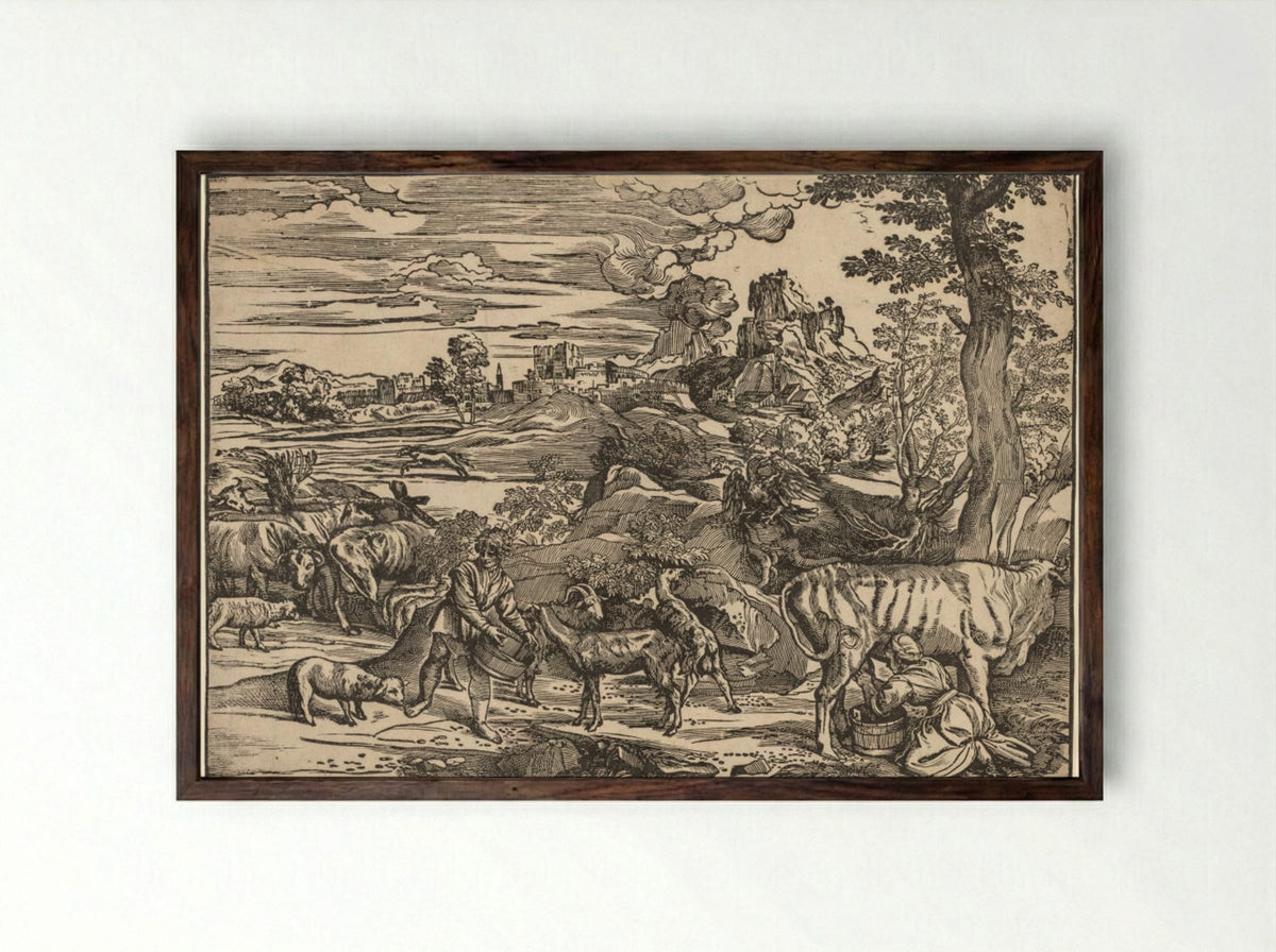 Landscape with a Milkmaid - Niccolo Boldrini - Framed Print Dark Wood