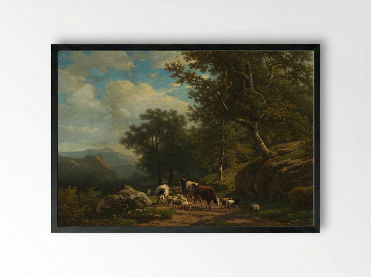 Landscape with a Peasant and His Flock - Alexander Joseph Daiwaille - Framed Print Black