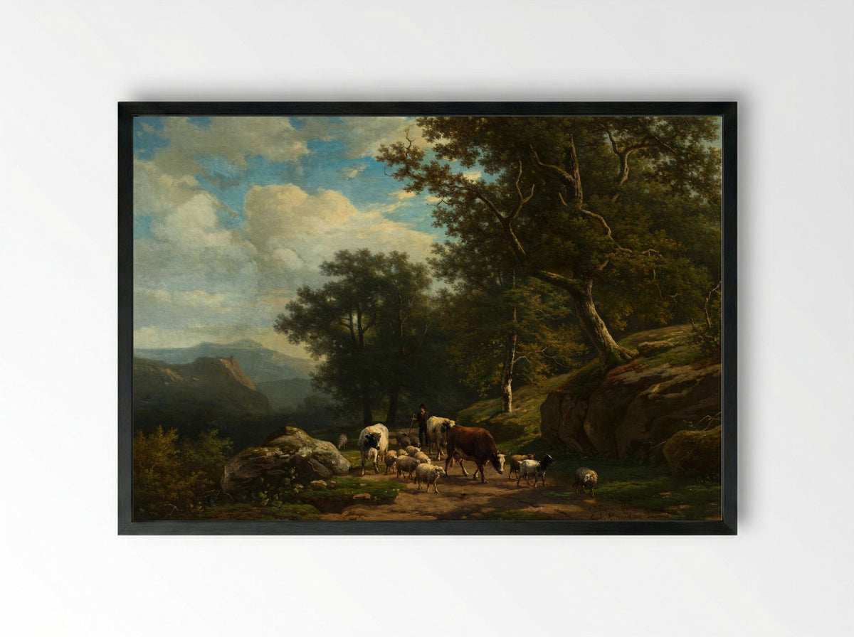 Landscape with a Peasant and His Flock - Alexander Joseph Daiwaille - Framed Print Black
