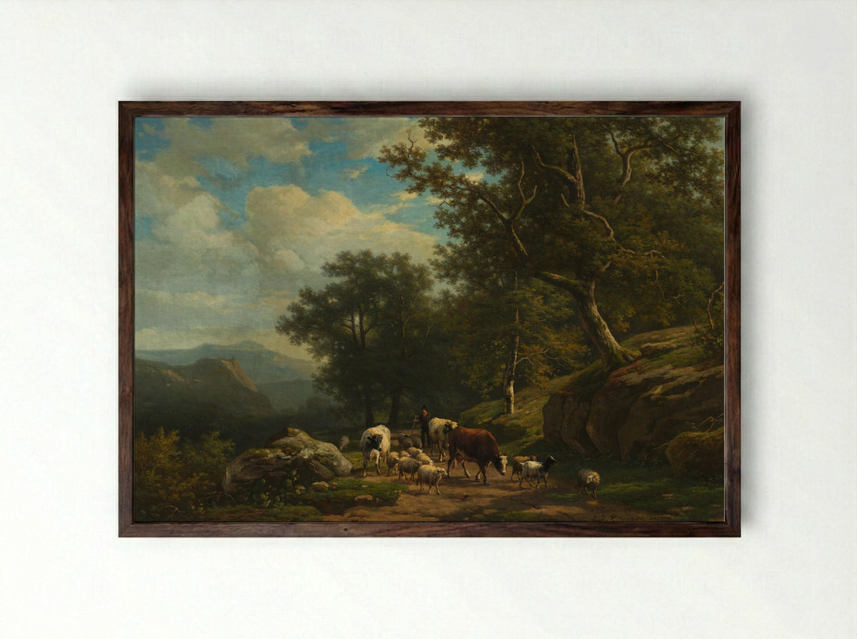 Landscape with a Peasant and His Flock - Alexander Joseph Daiwaille - Framed Print Dark Wood