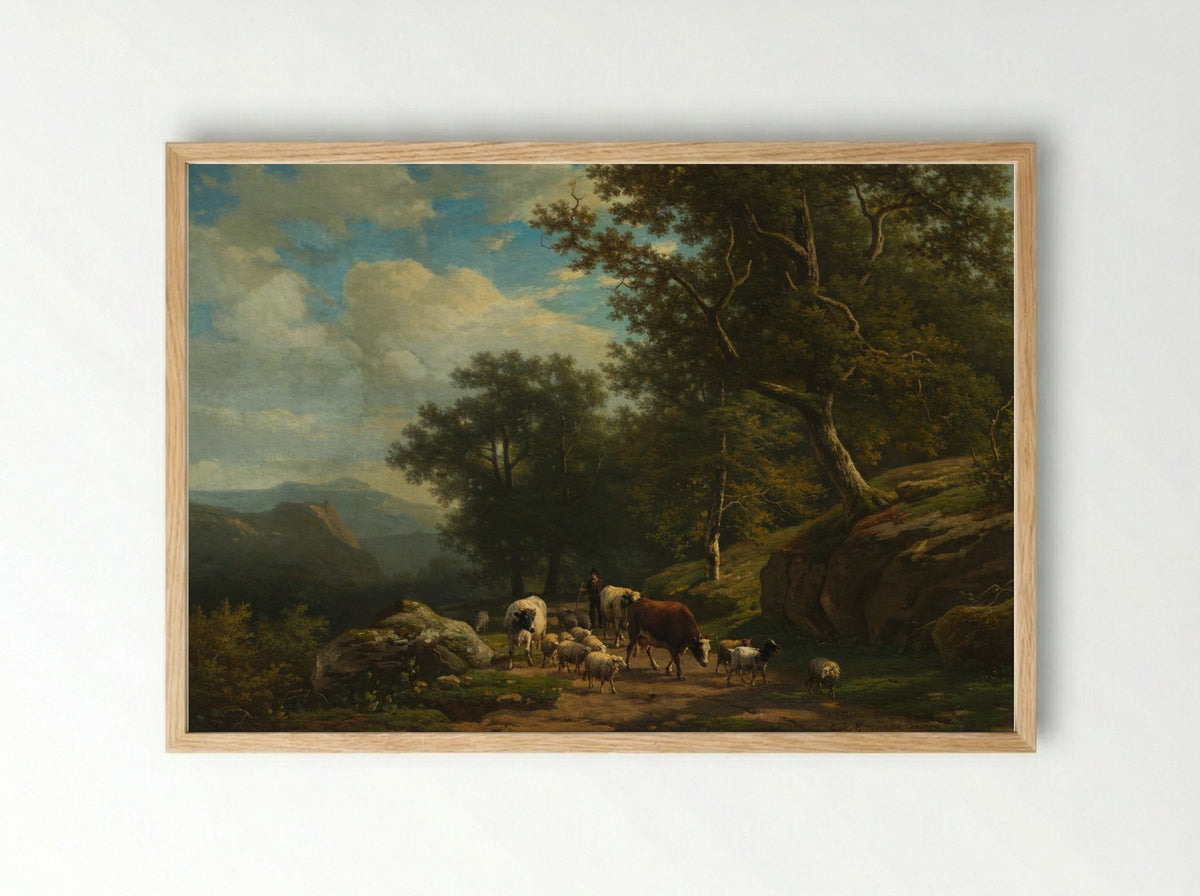 Landscape with a Peasant and His Flock - Alexander Joseph Daiwaille - Framed Print Wood