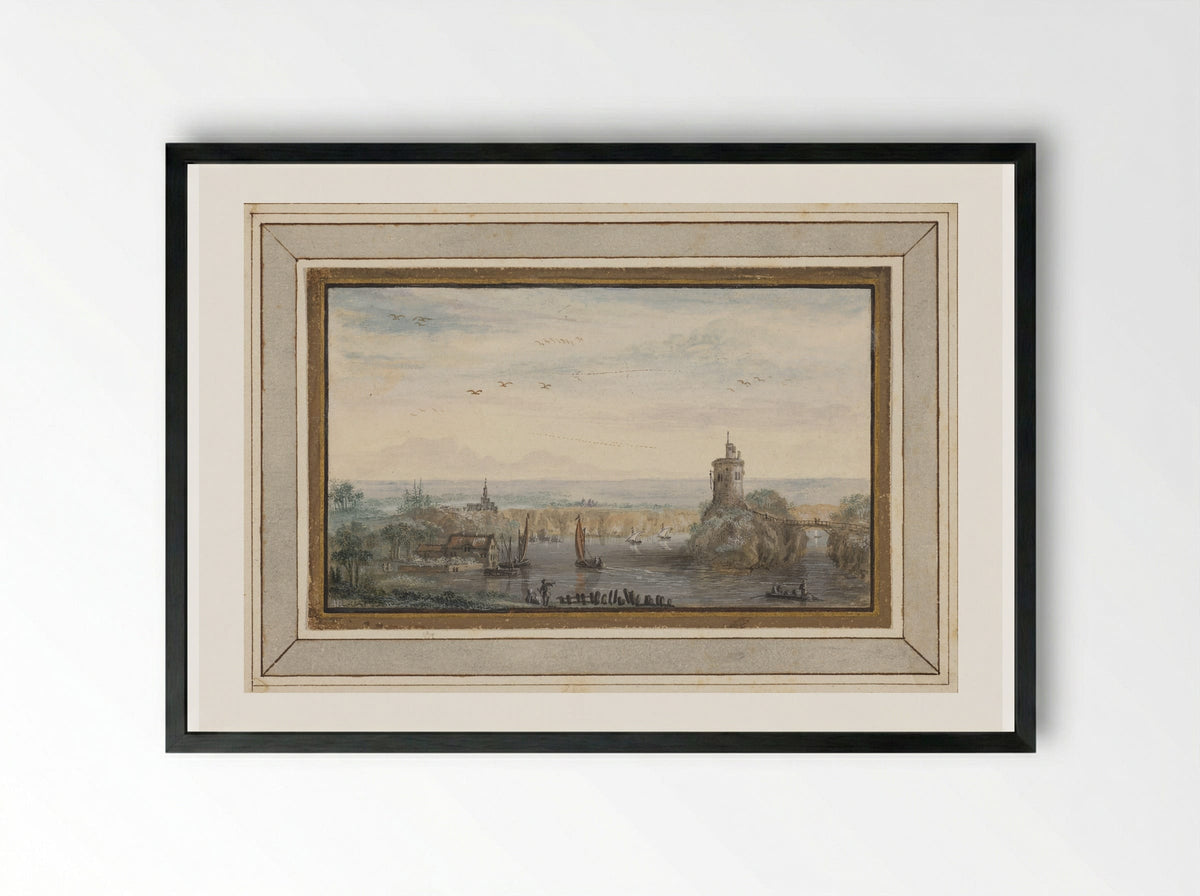Landscape with a River and Tower - Abraham Rademaker - Framed Print Black