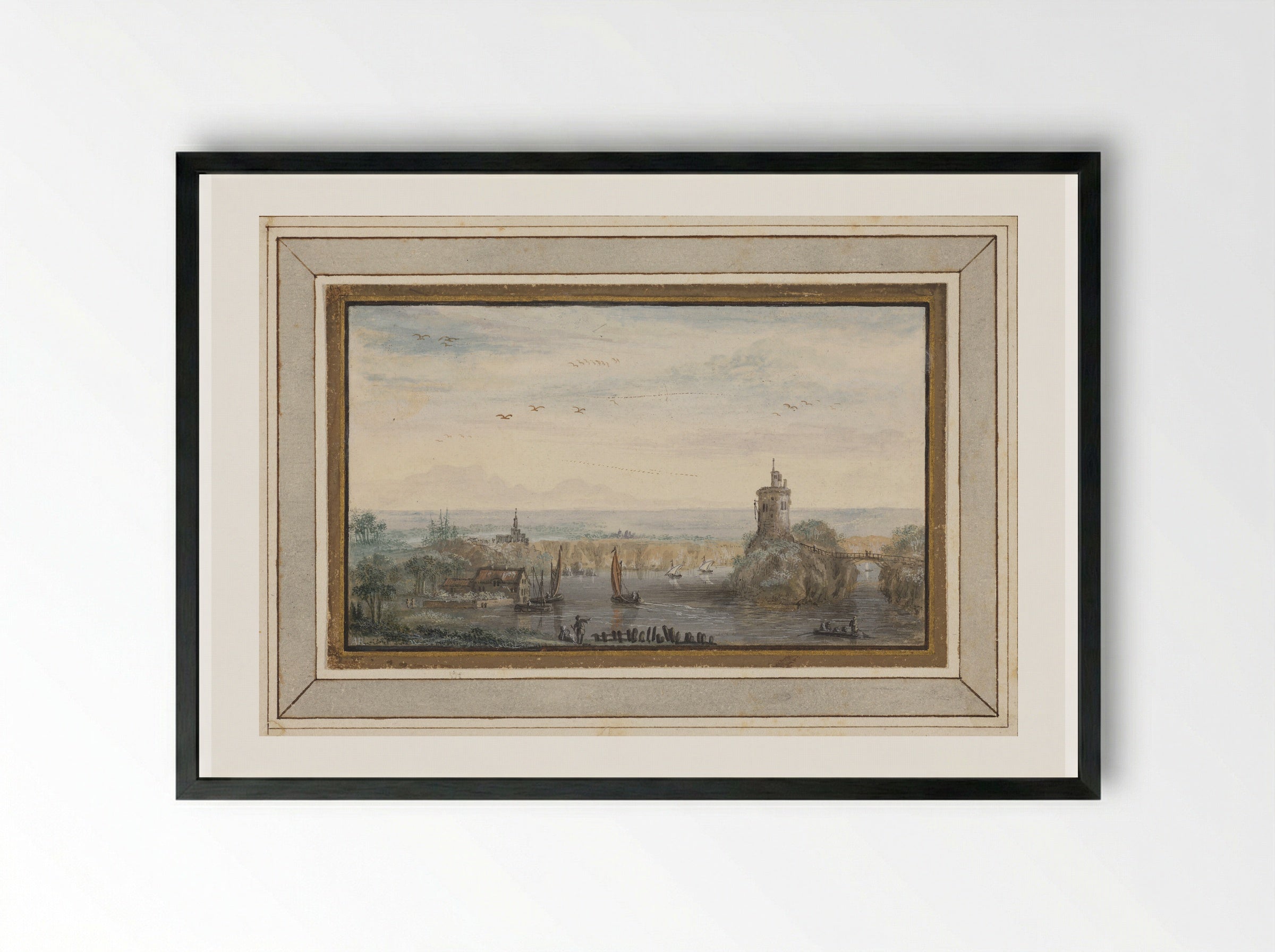 Landscape with a River and Tower - Abraham Rademaker - Framed Print Black