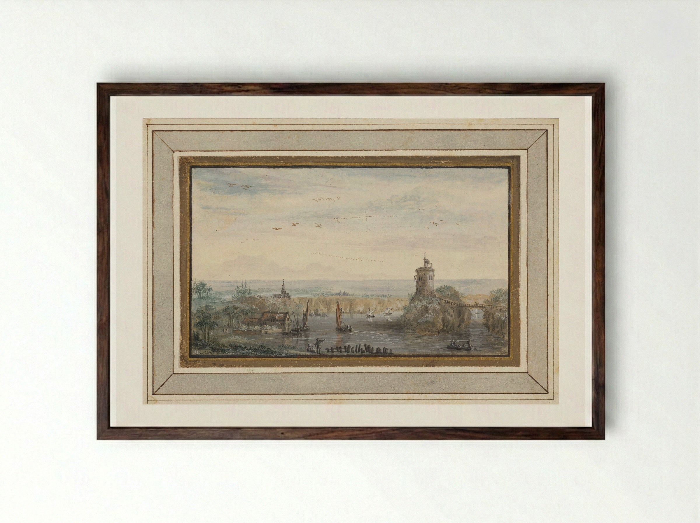 Landscape with a River and Tower - Abraham Rademaker - Framed Print Dark Wood