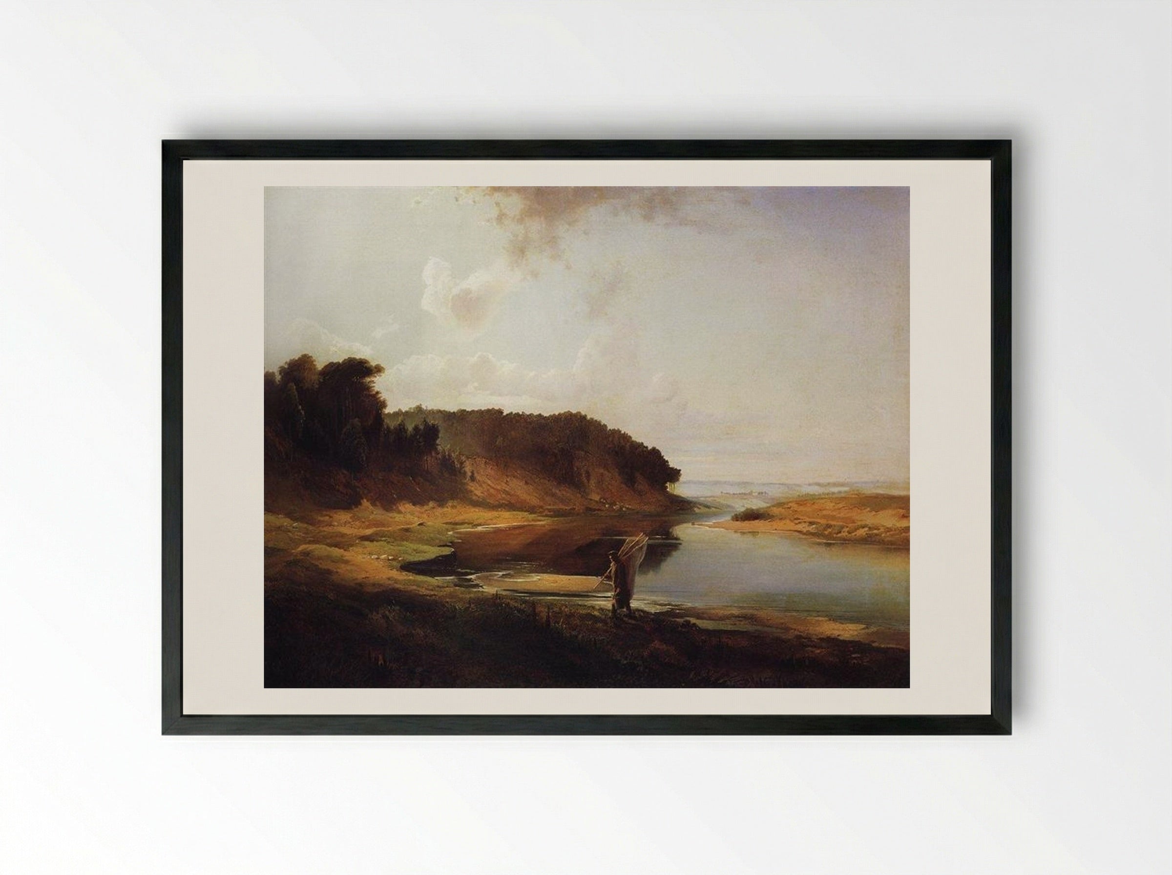 Landscape with a River and an Angler - Aleksey Savrasov - Framed Print Black
