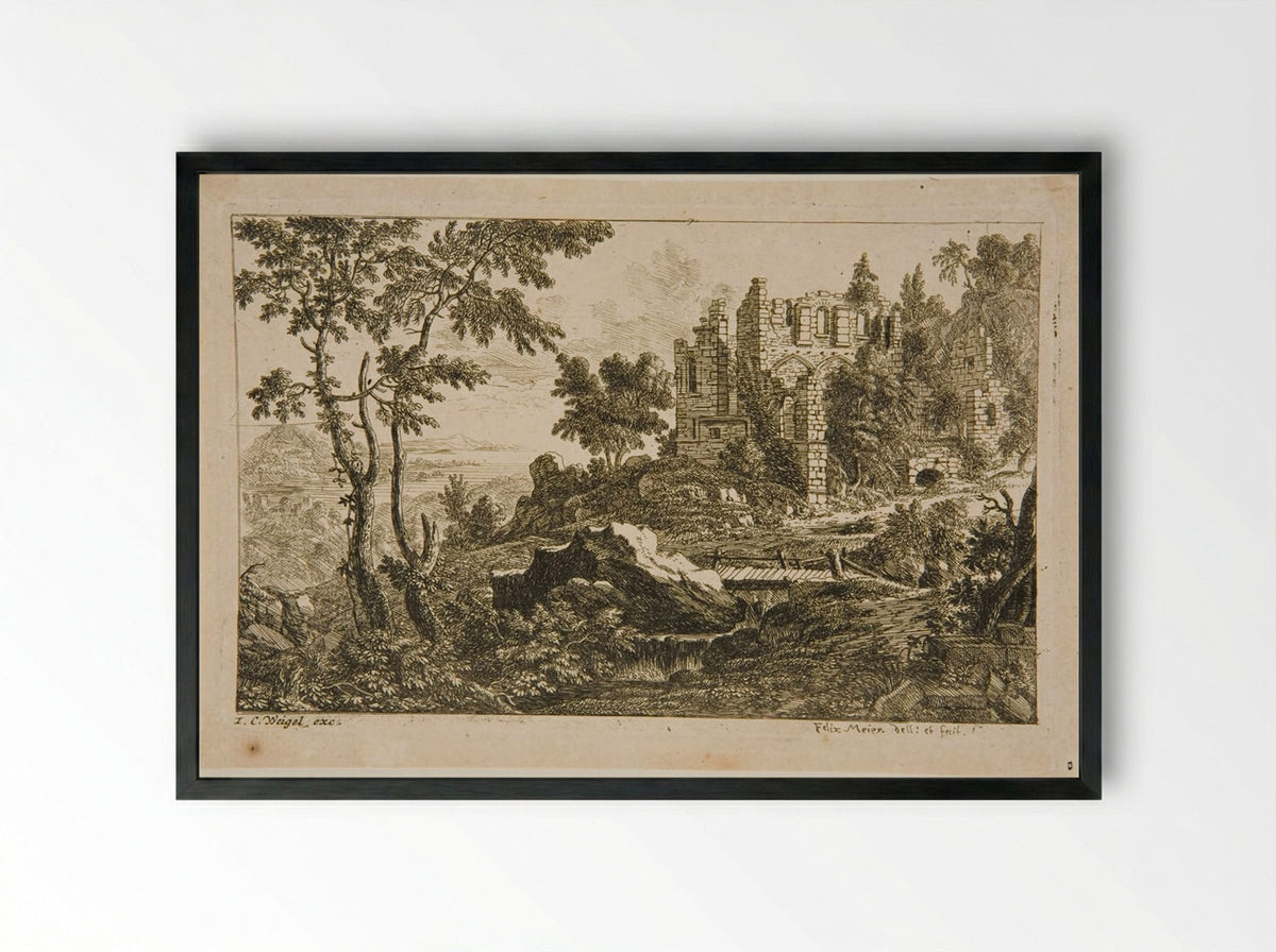 Landscape with a Ruin and a Bridge - Felix Meyer - Framed Print Black