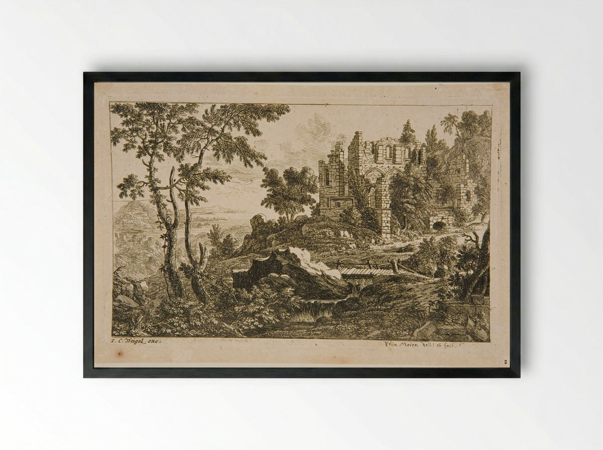 Landscape with a Ruin and a Bridge - Felix Meyer - Framed Print Black
