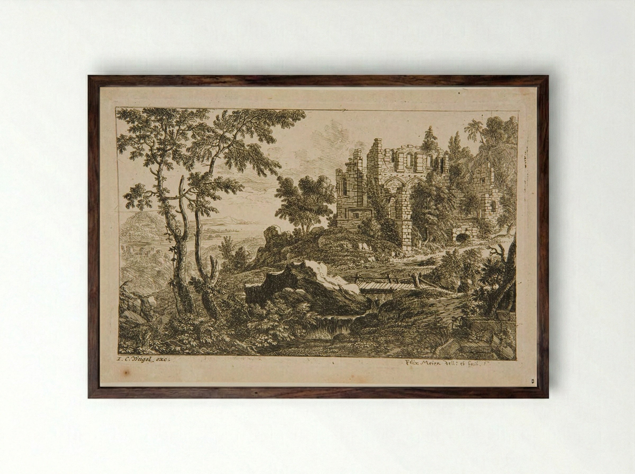 Landscape with a Ruin and a Bridge - Felix Meyer - Framed Print Dark Wood